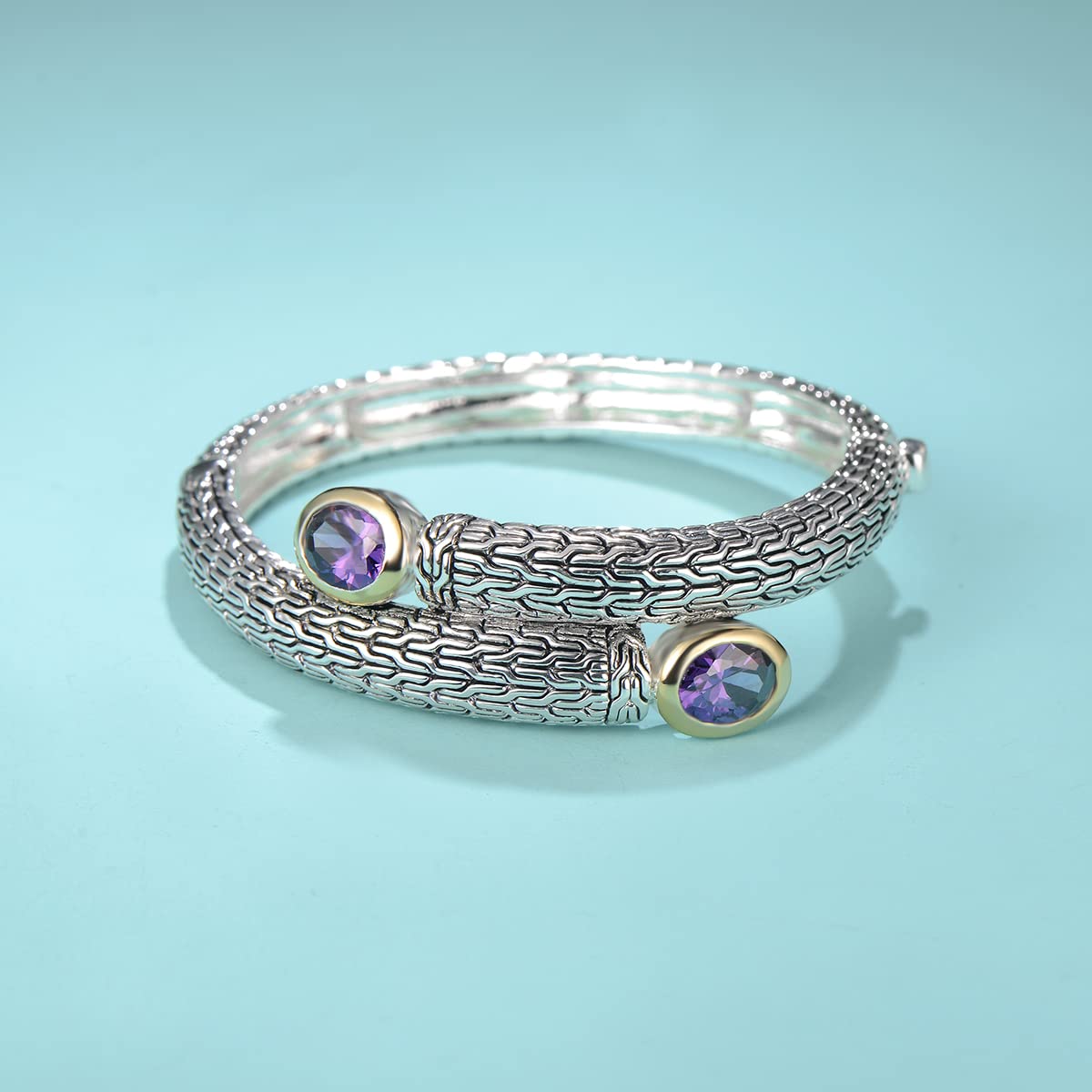 UNY JEWEL Jewelry Multi Strand Foxtail Chain Woven Pattern Inlay 8 by 10 Oval CZ Vintage Antique Two Tone Elegant Designer Inspired Unique Box Tongue Clasp Bangle (Purple)