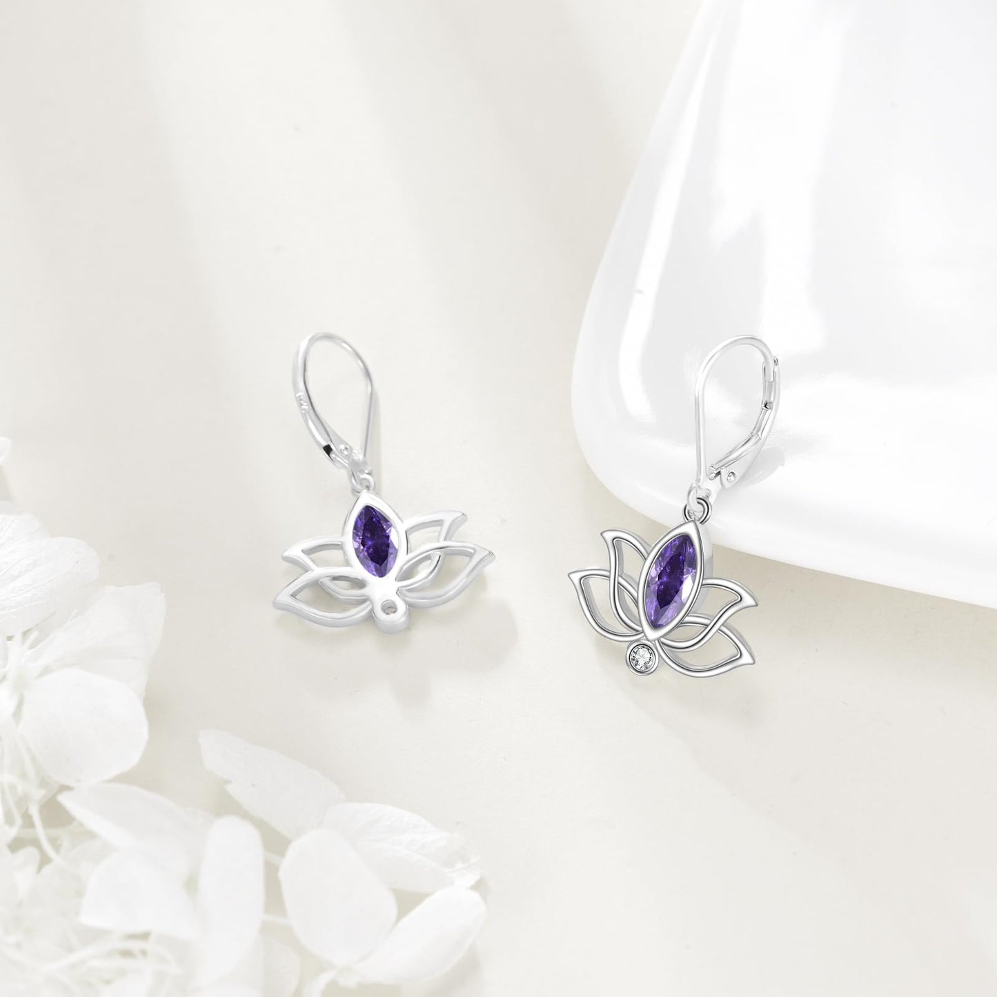 YFN Lotus Flower Earrings Sterling Silver Birthstone Lotus Leverback Dangle Drop Earrings Jewelry Gifts for Women (B. Feb)
