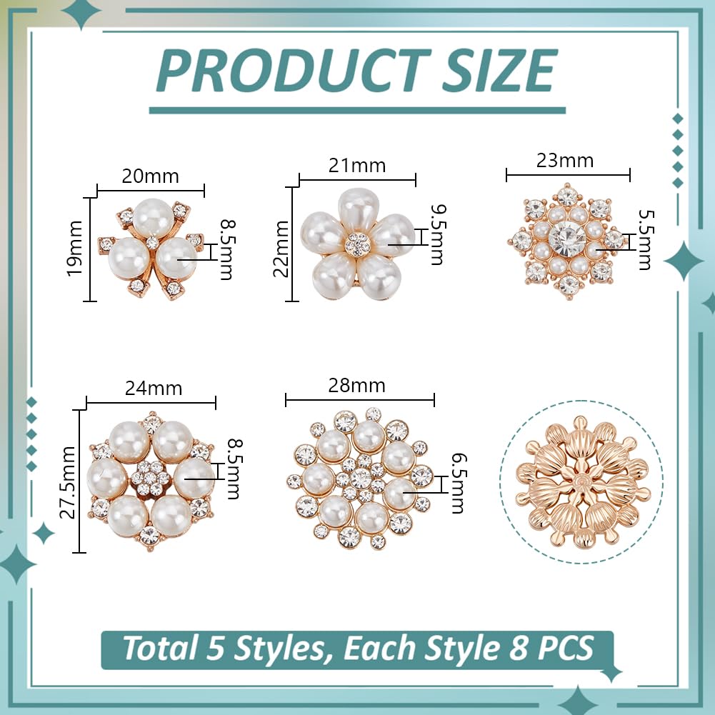 AHANDMAKER 40pcs 5 Styles Pearl Rhinestone Flower Buttons Faux Pearl Embellishments Brooch Alloy Floral Pendants for Crafts Jewelry Making DIY Wedding Decorations Clothes Bags Shoes Supplies