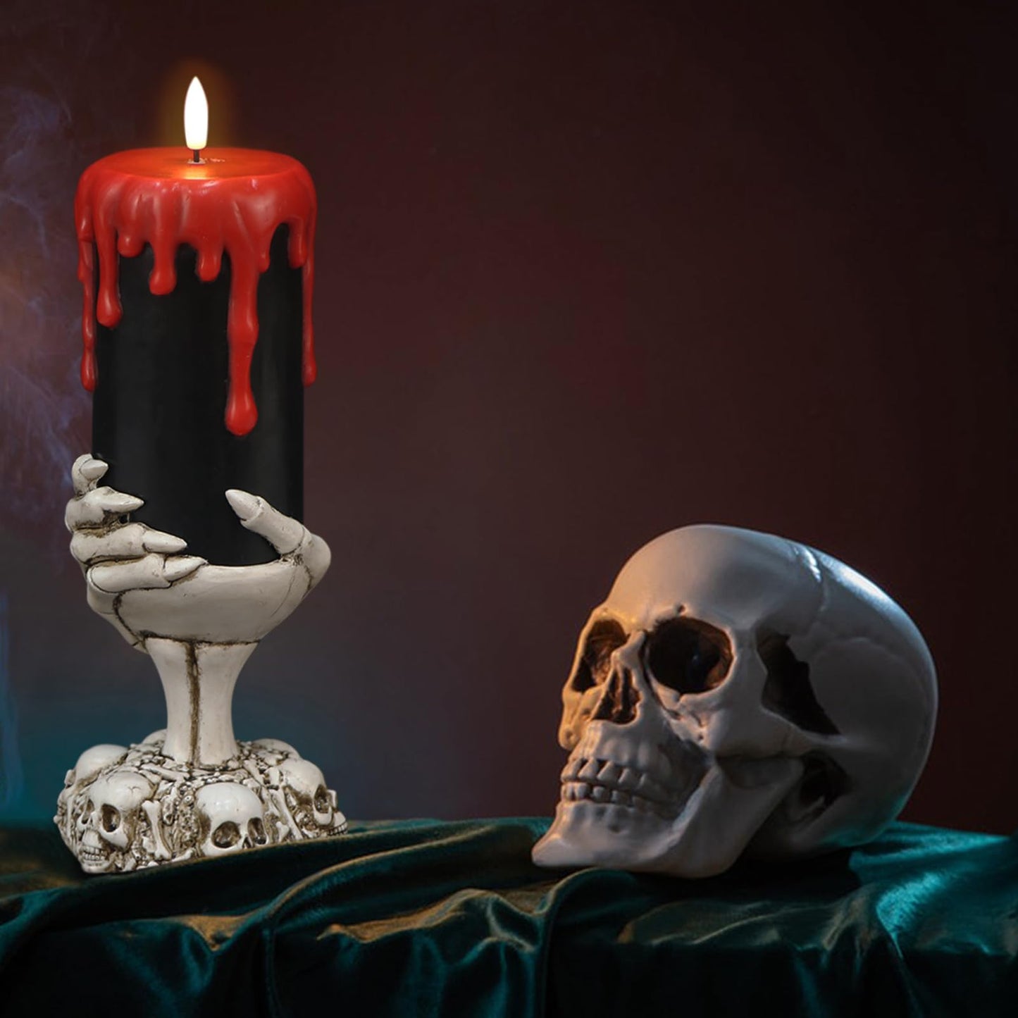 DRomance Black Flameless Flickering Candles with Timer, Blood Dripping Wax Effect Battery Operated LED Pillar Candle with Skeleton Hand Candle Holder Halloween Table Centerpiece Decor(4" x 11"")"