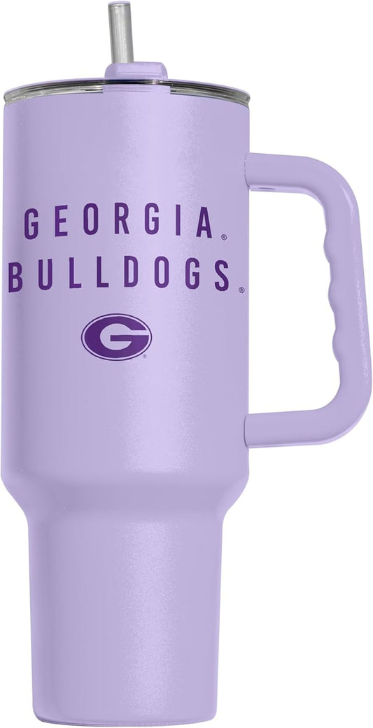 Logo Brands NCAA Georgia Bulldogs Lavender 40 oz Tumbler with Handle - Stylish Everyday Use Powder Coated-Stainless Steel with Straw- Keeps Cold For Hours