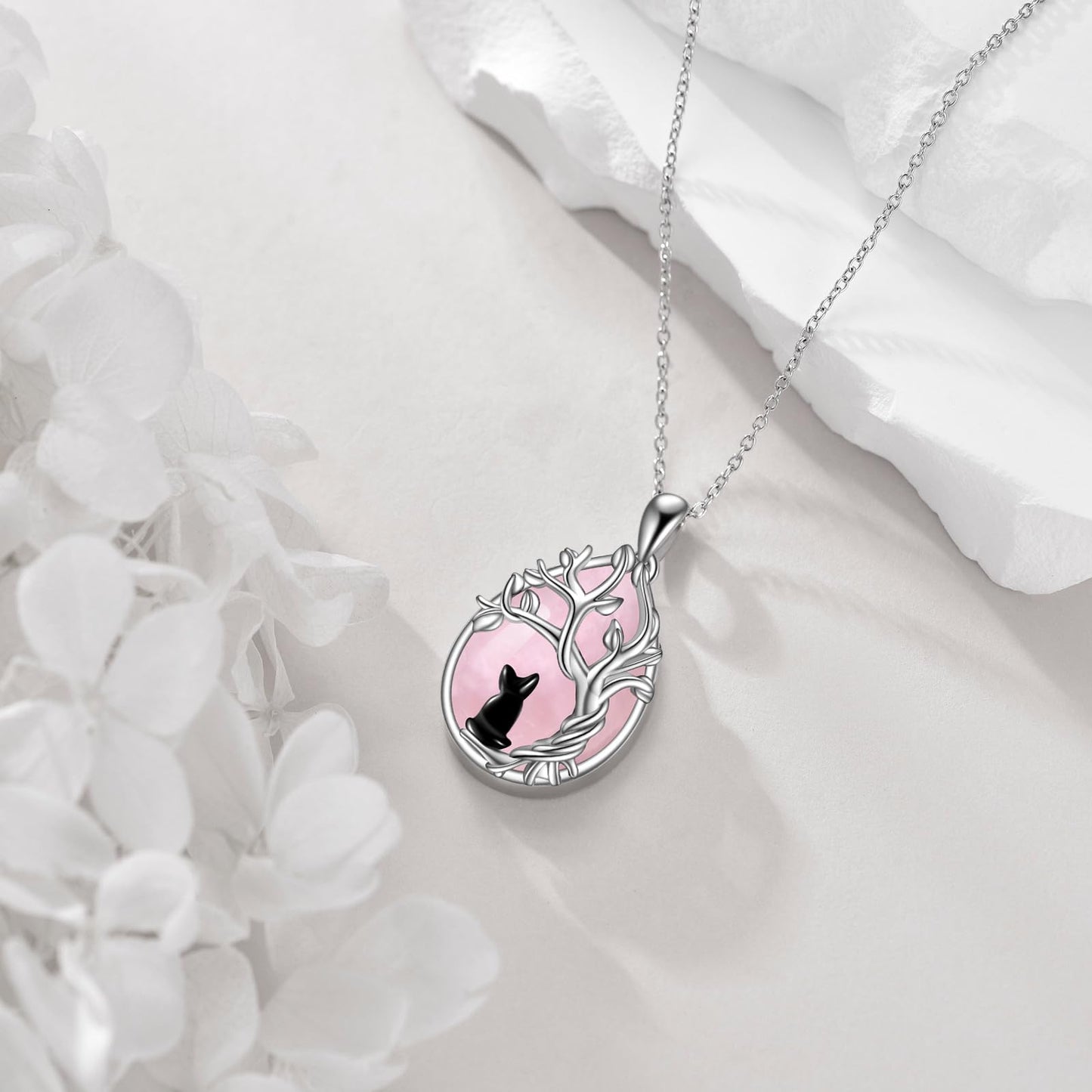 POPLYKE Rose Quartz Tree of Life Black Cat Necklace for Women 925 Sterling Silver Family Tree Pendant Jewelry Birthday Gifts