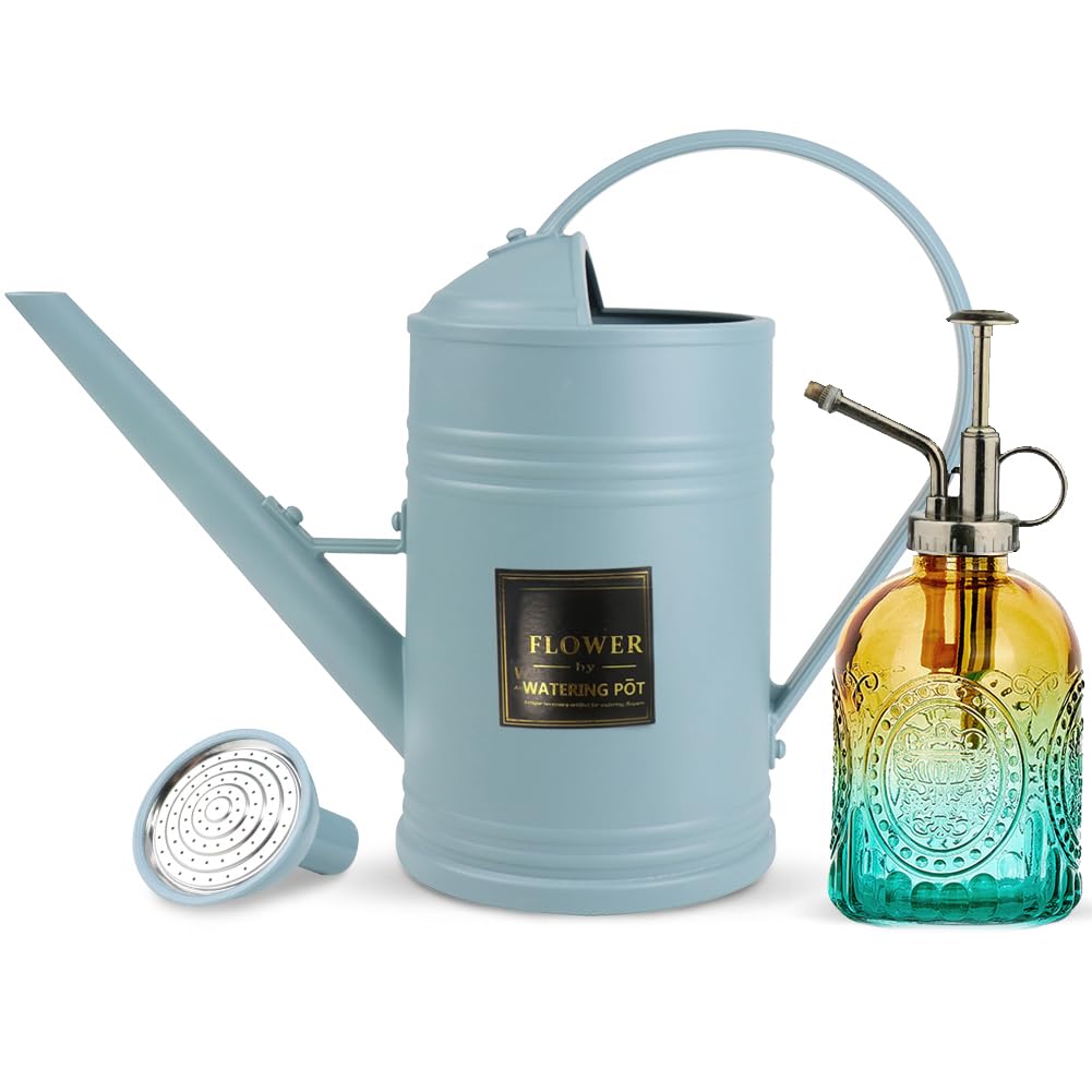 0.5 Gallon Small Watering Can for Outdoor Indoor Plants for House Plants, 12 oz Glass Plant Mister Spray Bottle for Bonsai Garden Flowers (Blue)