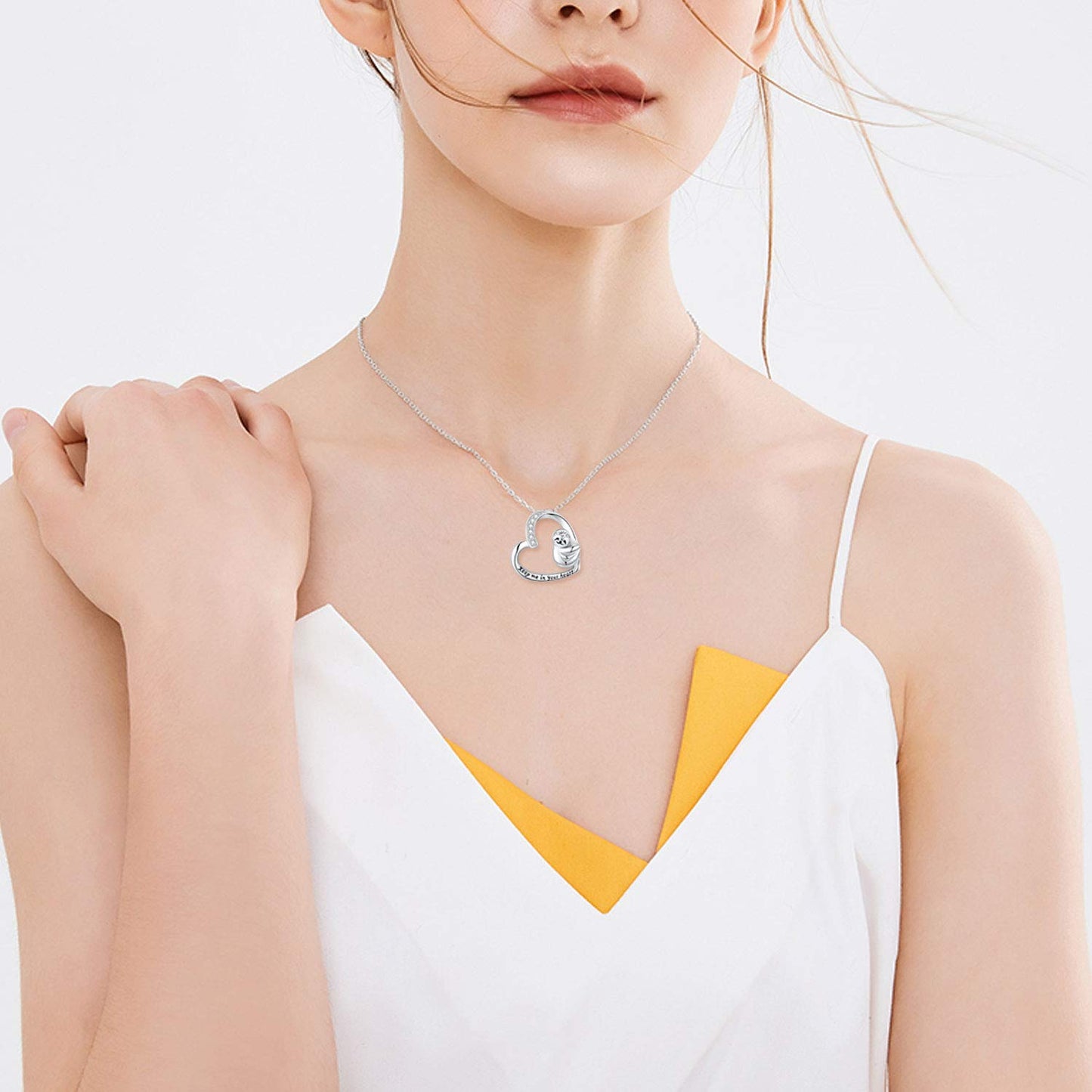 JUSTKIDSTOY S925 Sterling Silver Sloth Necklace “Keep Me in Your Heart”Animal Pendant Necklaces for Women Sloths Lovers Gifts