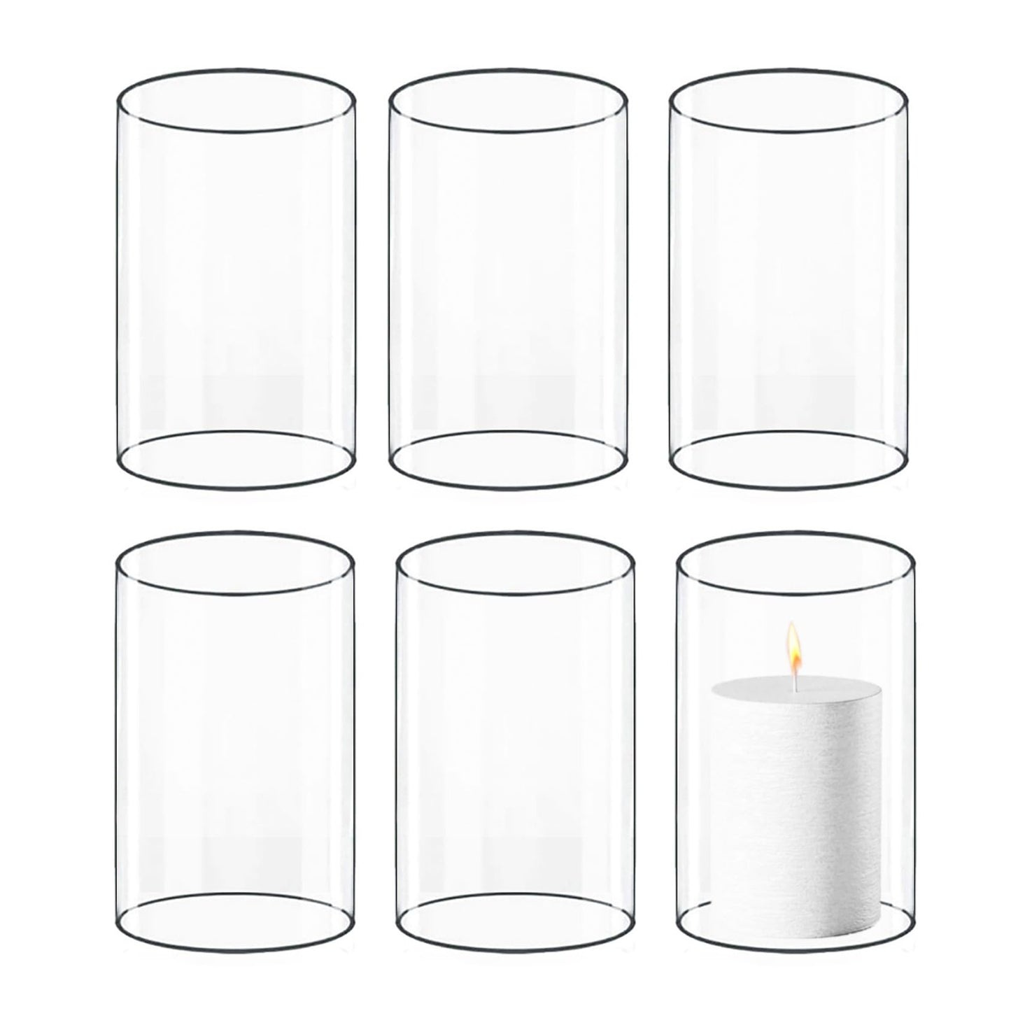 CYS EXCEL 6 PCS (H:6" D:4"") Open Ended Clear Glass Hurricane Candleholder Tube Lamp Shade Open Flame Candlestick Holder Chimney Tube Cover Bottomless Cylinder"