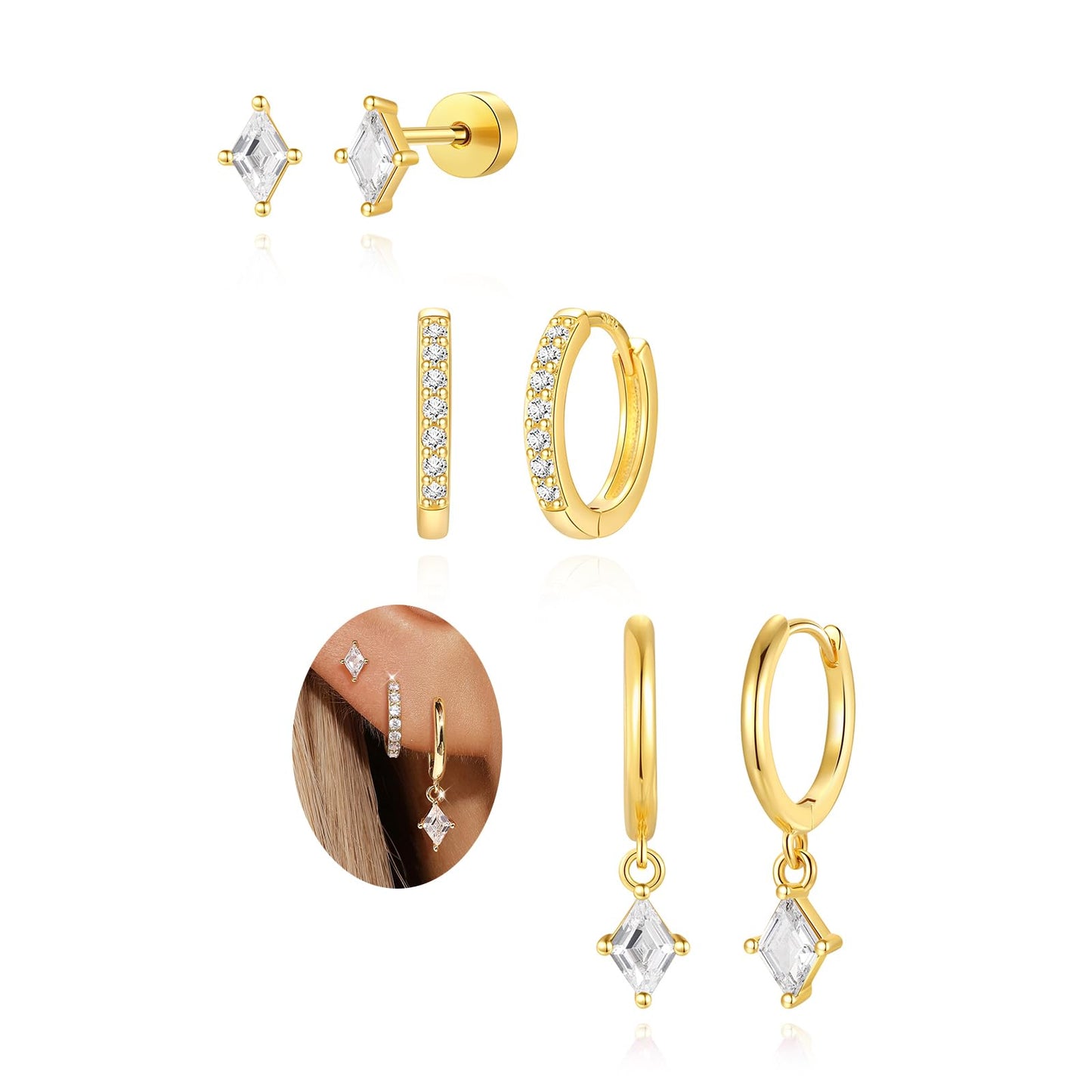 Angelady 3 Pairs 14K Gold Plated Hoop Earrings Set for Women, Dainty Hypoallergenic Dangle Huggie Earring, Trendy Small Earring Stack, Flat Back Stud Earring Jewelry Gifts for Women