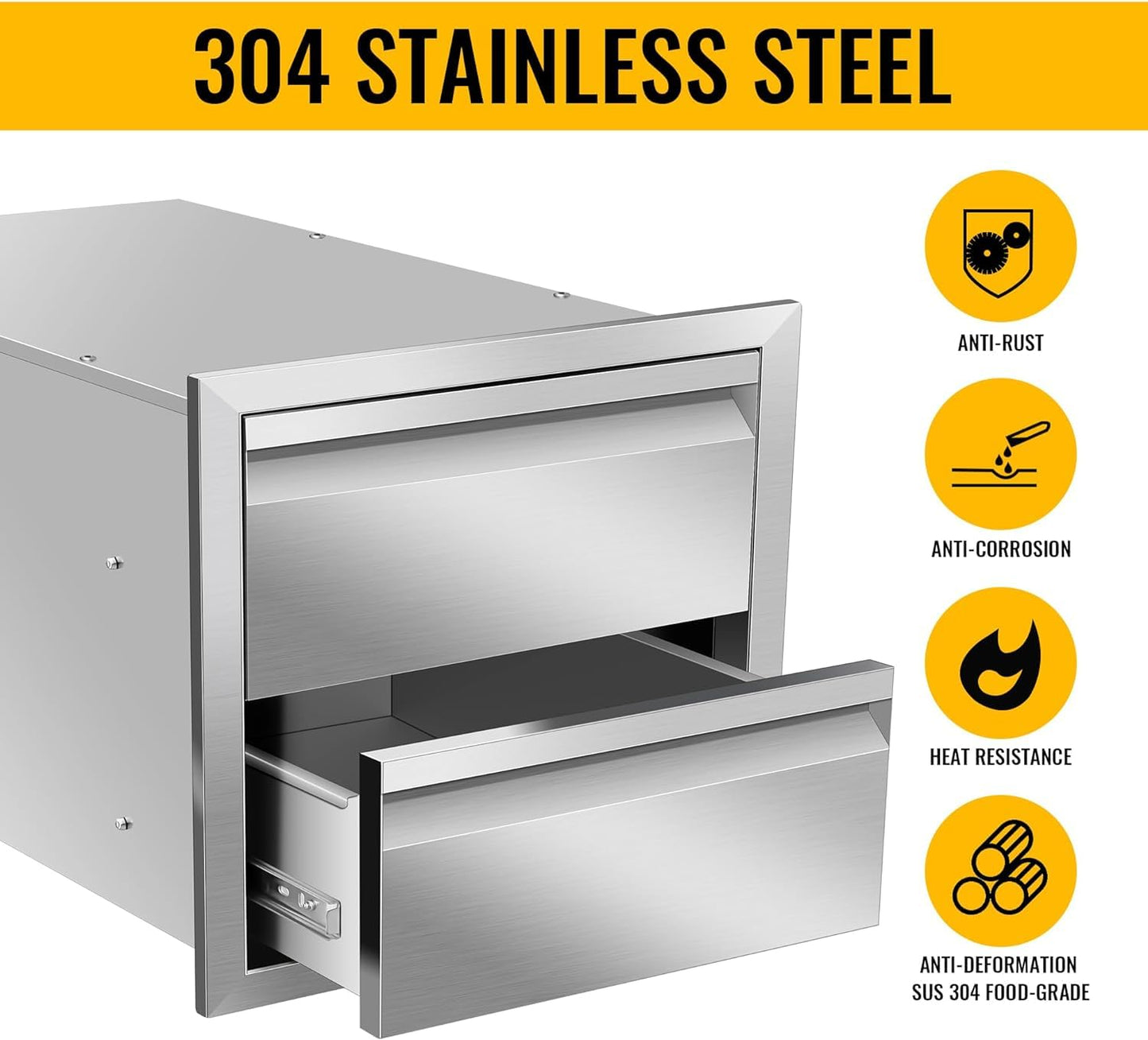 Outdoor Kitchen Drawers 18" W x 15" H x 23" D Inch Stainless Steel Flush Mount BBQ Double Drawers for Outdoor Kitchen Island, or Patio Grill Station