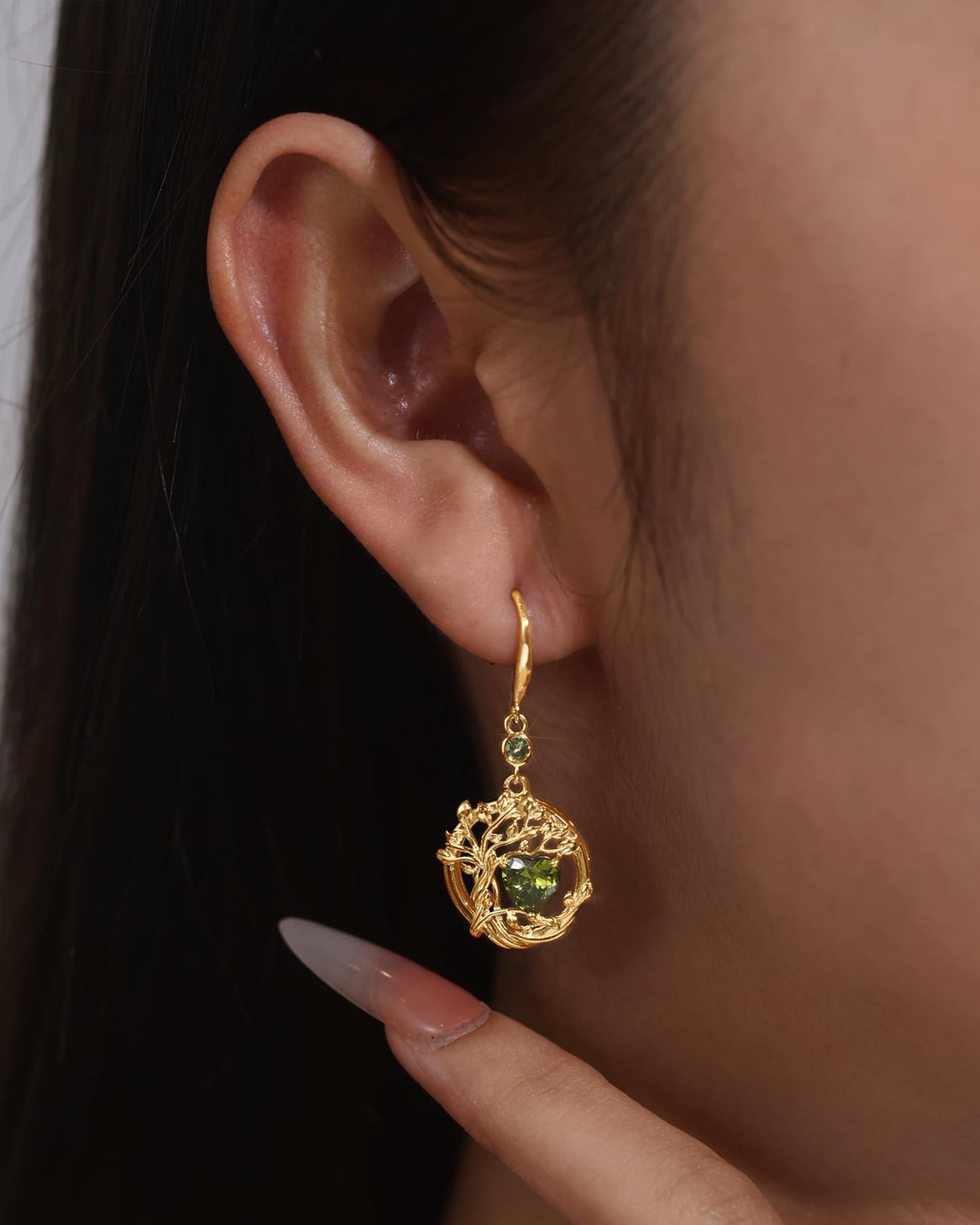 FANCIME Tree of Life Earrings 925 Sterling Silver Yellow Gold Plated Peridot Dangle Drop Green Gemstone Earring August Birthstone Fine Jewelry Birthday Mothers Day Gifts for Women Her