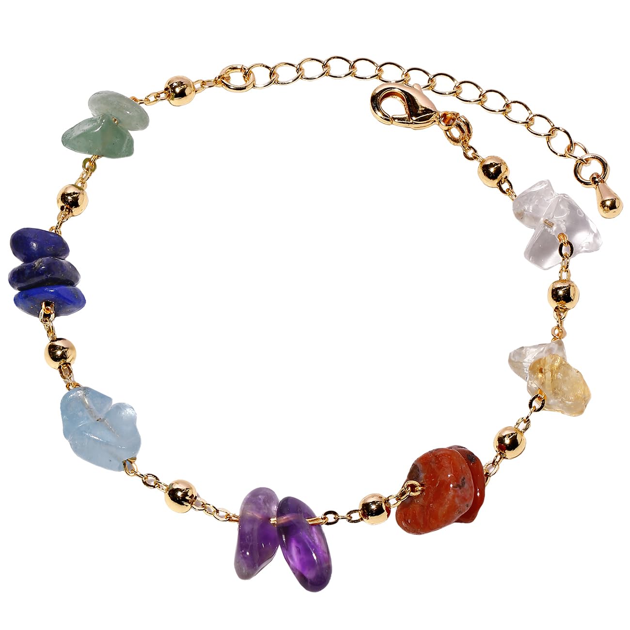 Xfoxstal 7 Chakra Reiki Gemstones Plated 14k Gold Chain Bracelets for Women Meditation Colorful Crystal Chips Beaded Bracelets (6″-8″)