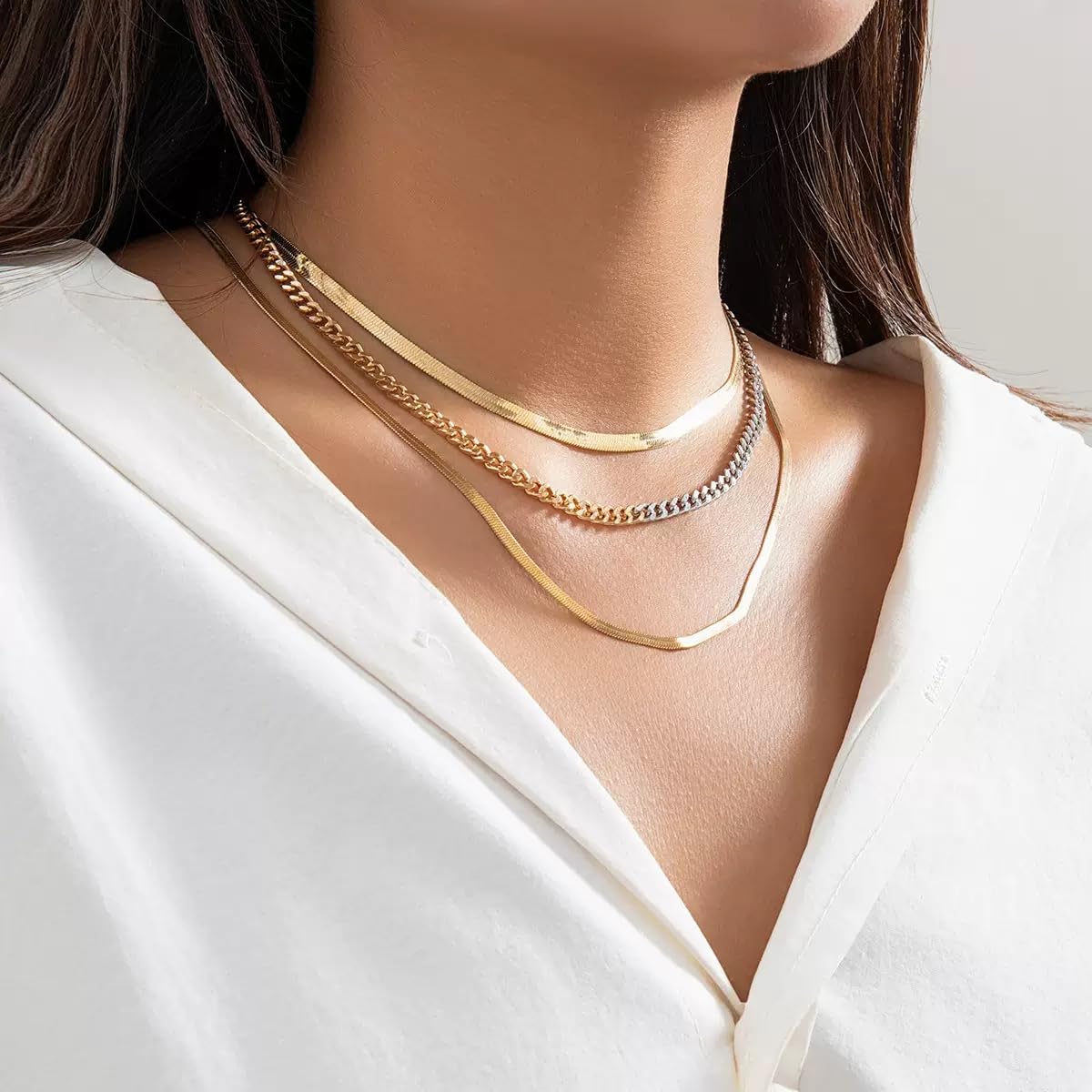 JELLYSEE Gold Necklaces for Women - 14K Gold Plated Layering Necklaces Trendy Circle Paperclip Chain Pendant Choker Necklace, Simple Diamond Cross Bow Jewelry Set Gifts for Women