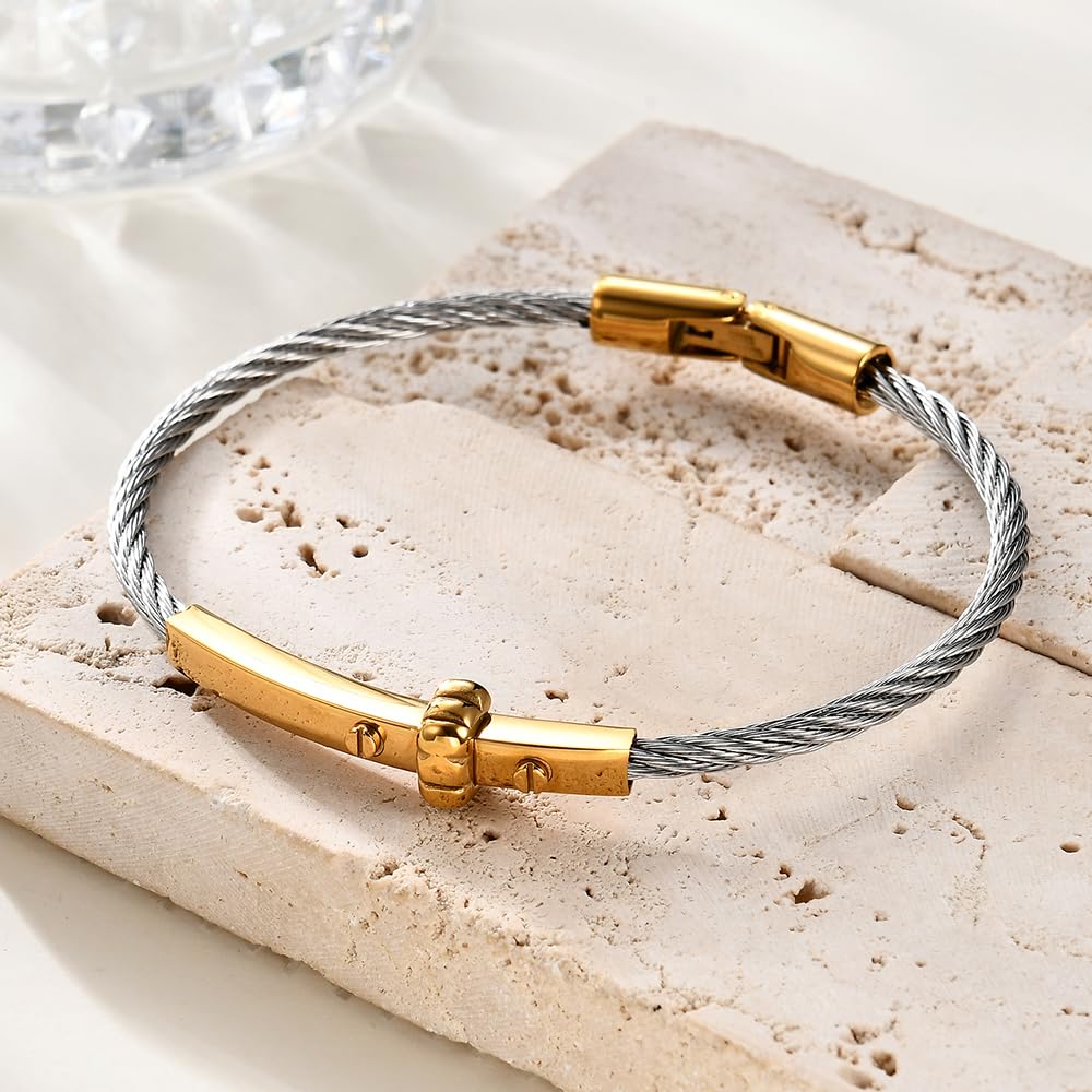 LXBQYSTO Cable Wire Twisted Cuff Bangle Bracelet For Women 14K Gold/rose/silver Stainless Steel Jewelry for Women Gift (Cross Silver Gold)