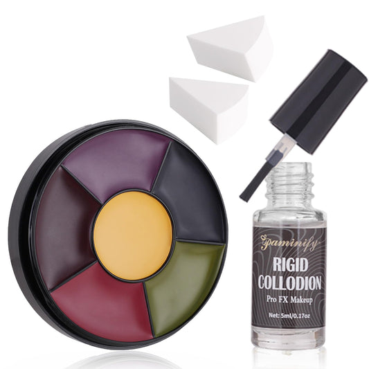 Paminify Fake Scar Bruise Makeup Kit,6 Color Bruise Wheel Body Paint and Rigid Collodion with Brush, Halloween Special Effects Makeup Kit with 2 White Sponges,Hunting Camo Face Paint