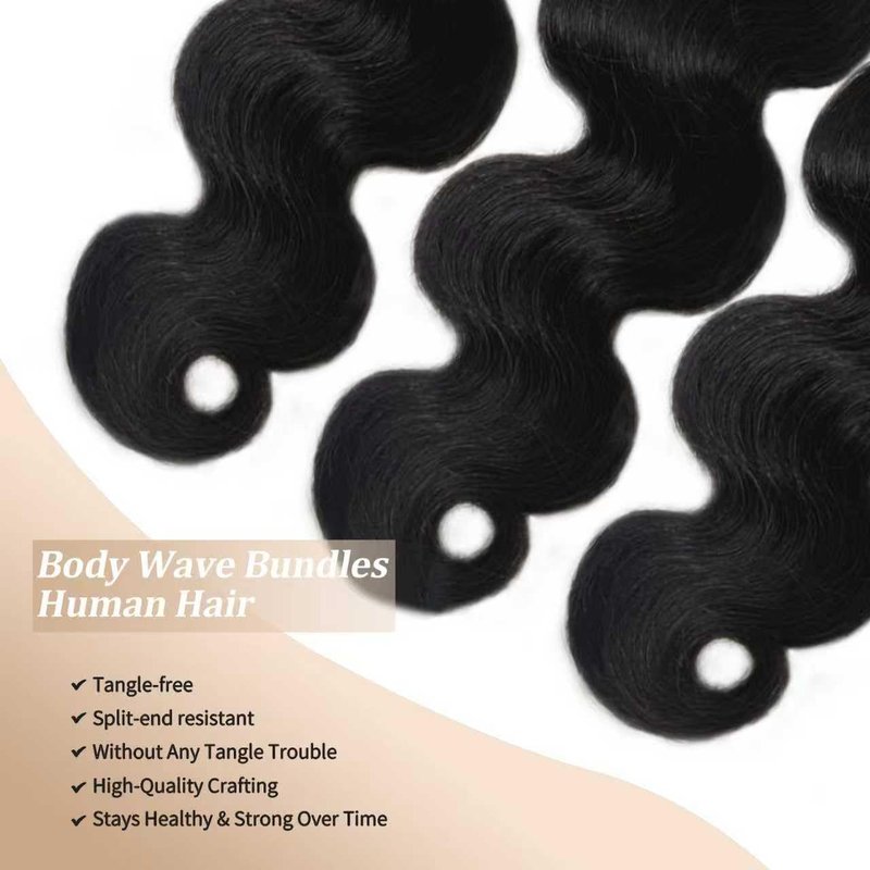 Body Wave Bundles - 24 Inch Natural Black Human Hair, Unprocessed Brazilian, Soft Double Weft Extensions