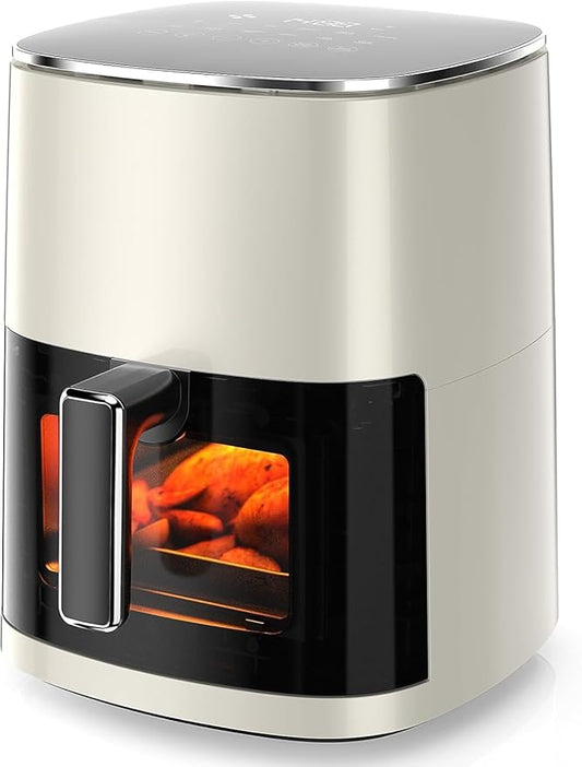 6-Quart Square Air Fryer with Viewing Window – 12-in-1 Multi-Function Appliance for Frying, Roasting, Baking, Steaming & Dehydrating, 400°F Maximum Temperature, Beige