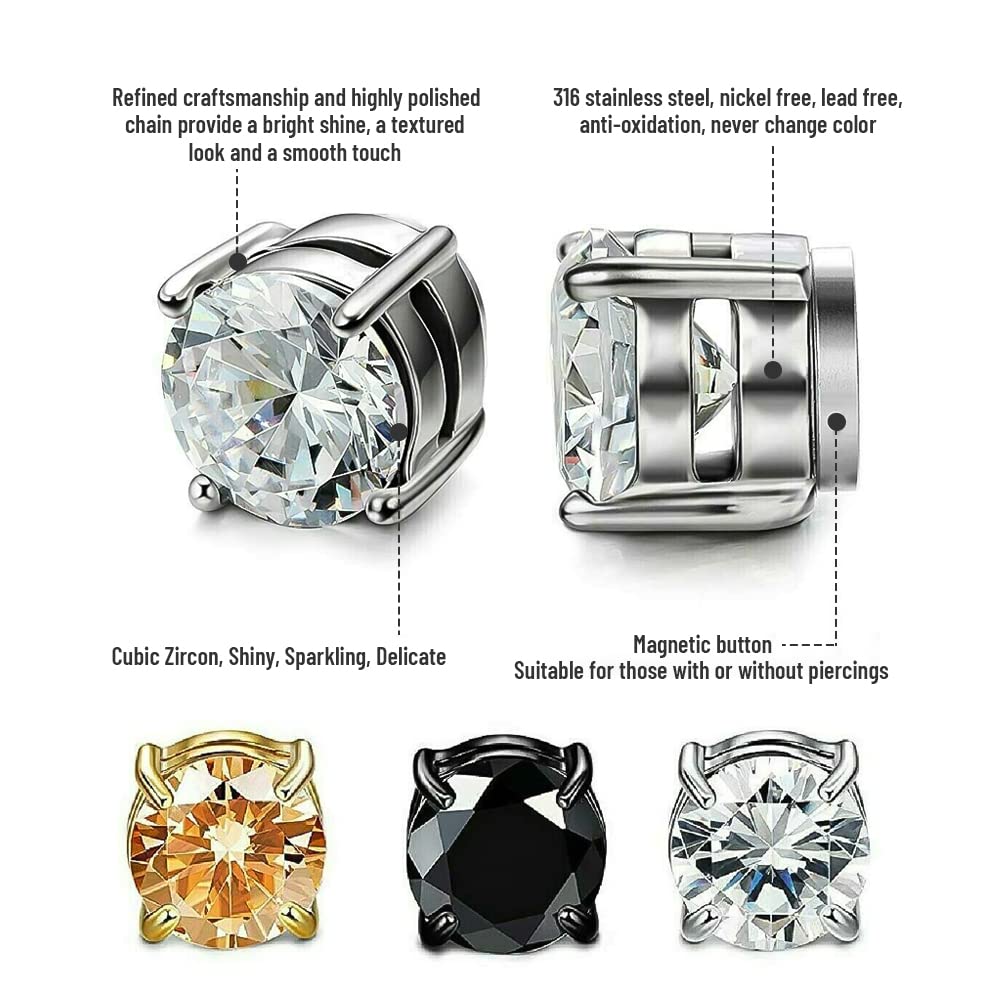 8MM Magnetic Stud Earrings for Men, Non-piercing CZ Studs, Hypoallergenic Stainless Steel Lymphatic Magnetic Earrings,Clip On Earrings For Men