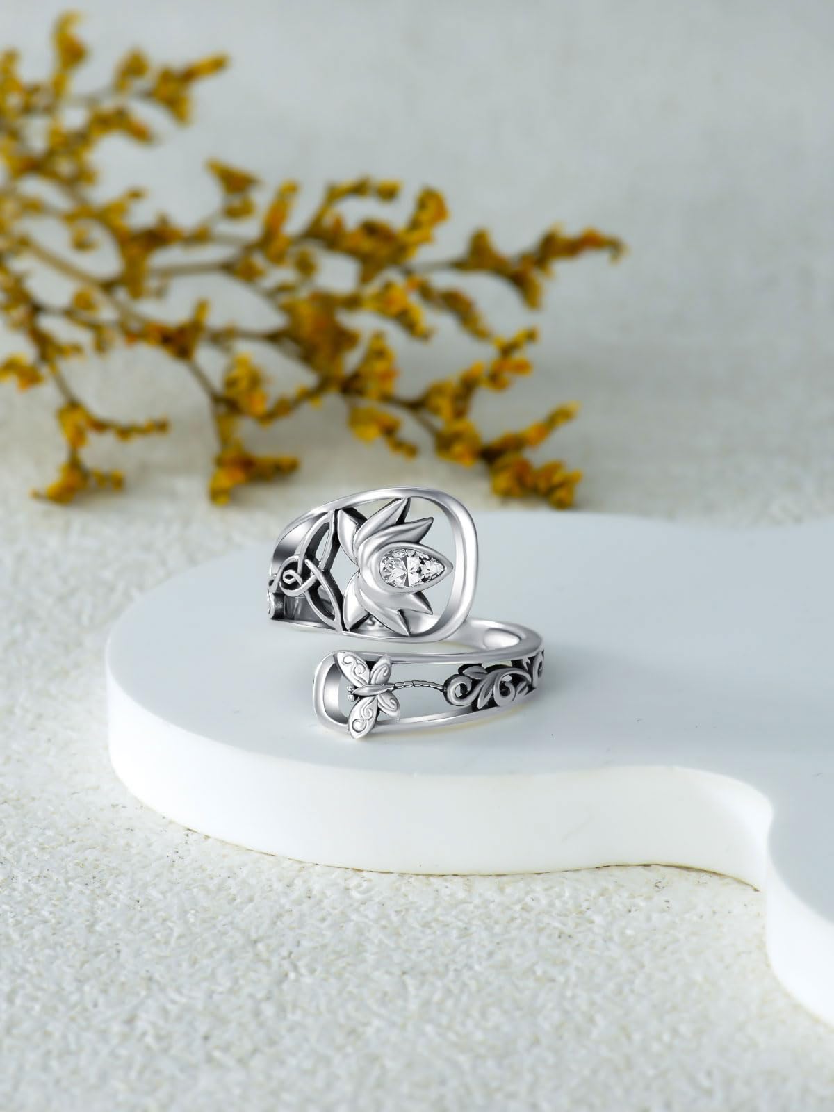 Midari White Lotus Spoon Rings for Women Sterling Silver Adjustable Lotus Flower Finger Ring Thumb Rings with Lotus Jewelry for Women Yoga Lovers Birthday Christmas Gifts (Customization)