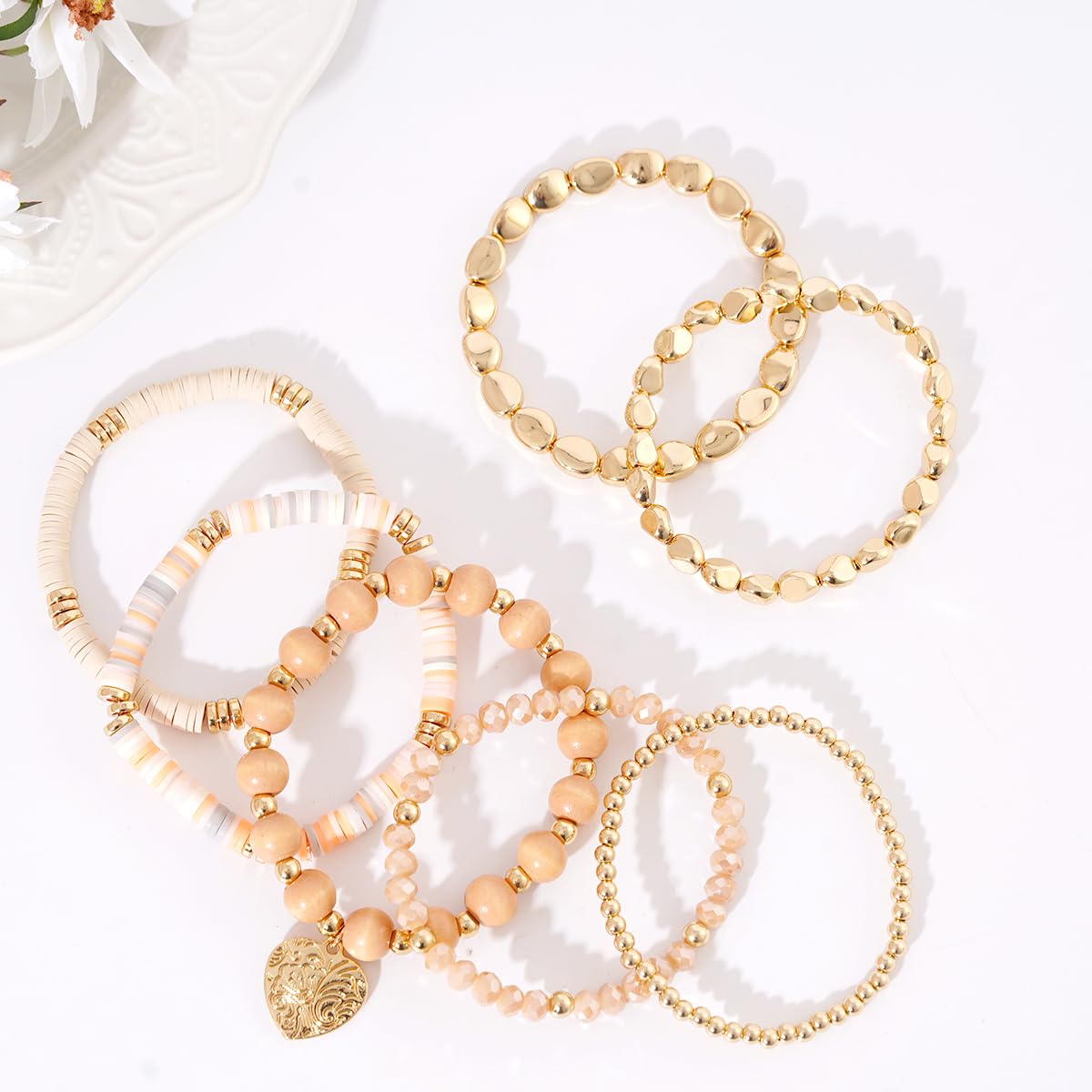 GOOJIDS Surfer Heishi Clay Bead Bracelets for Women Bohemian Stackable Gold Plated Beaded Stretch Bracelets Elastic Layering Friendship Bracelets Set Boho Jewelry