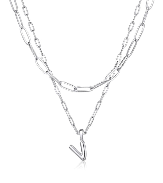 adoyi Silver Initial Necklace for Women 14k Gold Plated Layered Bubble Letter Necklaces Trendy Jewelry Chain Name V Pendant Necklace Stack Birthday Valentines Gifts