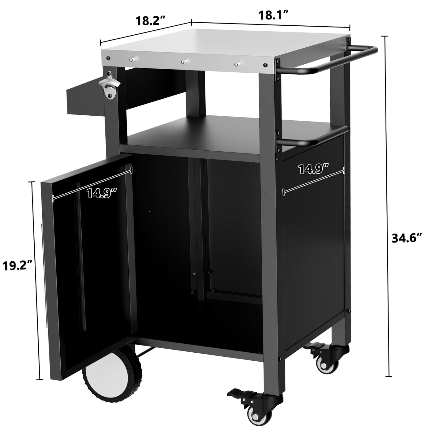 KEIKI Outdoor Grill Cart with Storage and Wheels, Rolling BBQ Prep Table with Spice Rack, Hooks, and Side Handles, Black Metal Bar Cart for Patio Kitchen and Grilling Accessories