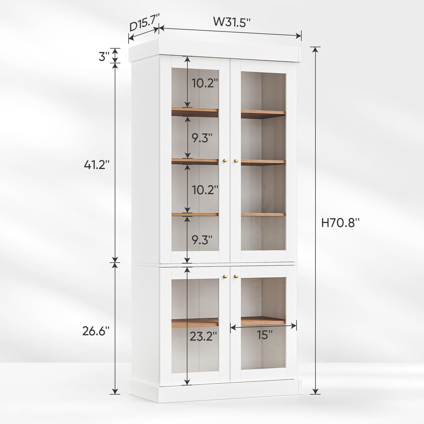 Myricore 70.8" Tall Farmhouse Kitchen Pantry Cabinet with Glass Doors, Modular Storage Cabinet with 6-Tier Adjustable Shelves, Wooden Hutch for Kitchen, Set of 2, White