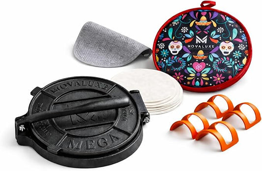 Movaluxe® Tortilla Press 12 Inch Cast Iron MEGA – Corn & Flour Roti Maker Machine Heavy Duty Tortillera Presser. With Parchment Paper, Warmer Pouch, Taco Holders, Rubber Mat & Digital Culinary Guide