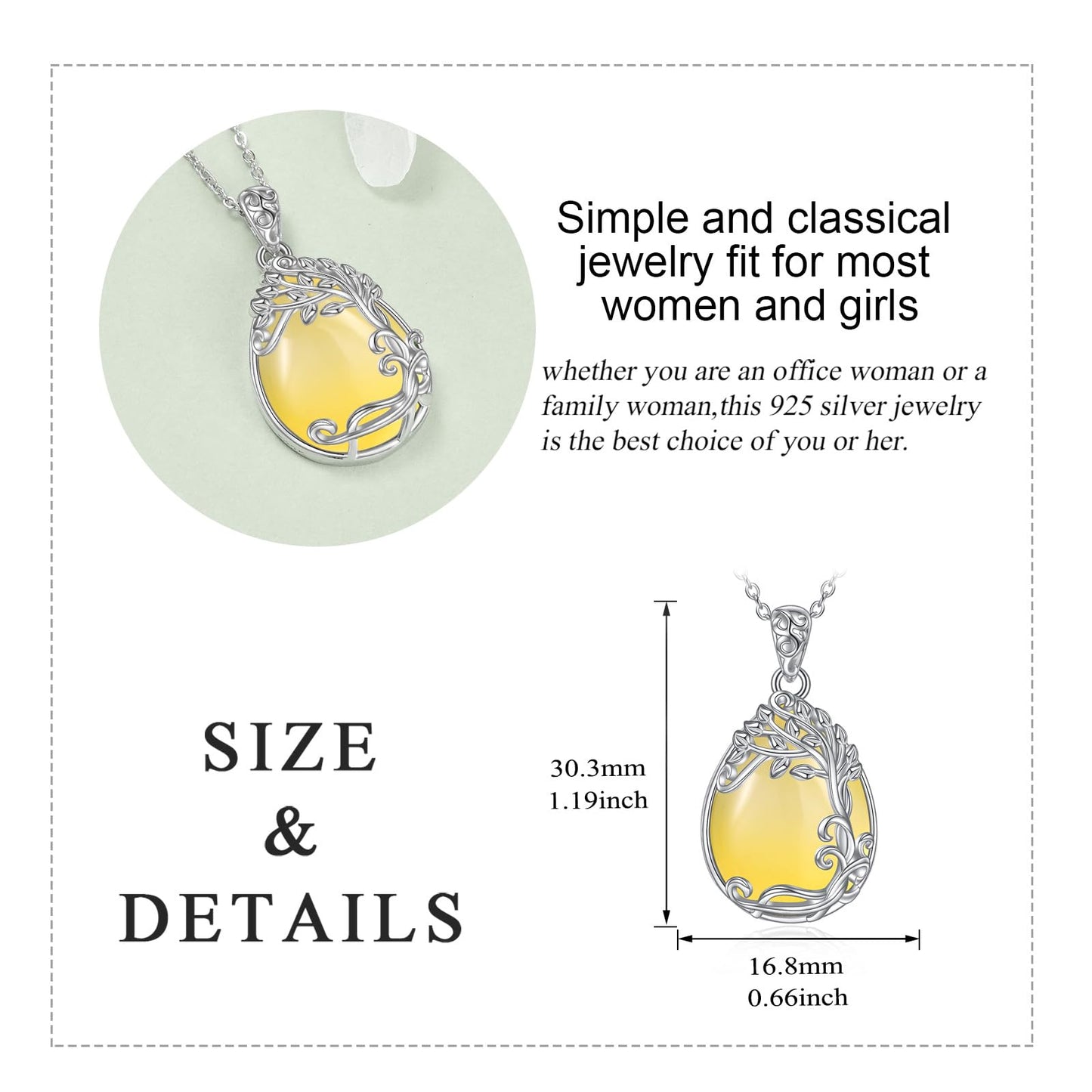 YAFEINI 925 Sterling Silver Yellow Agate Necklace Tree of Life Teardrop Pendant Necklace Jewelry for Women (LL-Tree of Life Yellow Agate Necklace)