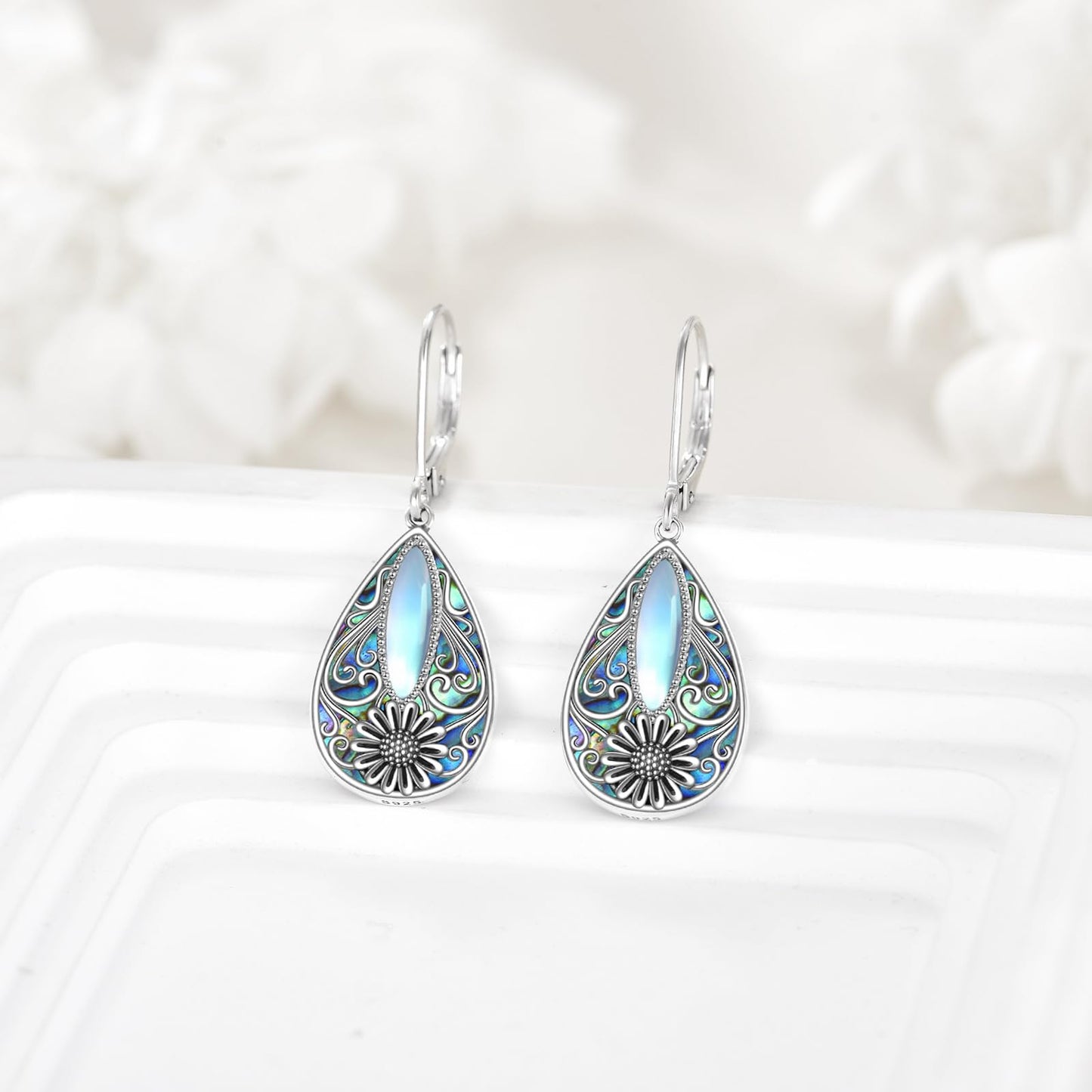 Sunflower Filigree Earrings Sterling Silver Teardrop Abalone Shell Drop Dangle Filigree Leverback Earrings Gifts for Women Jewelry