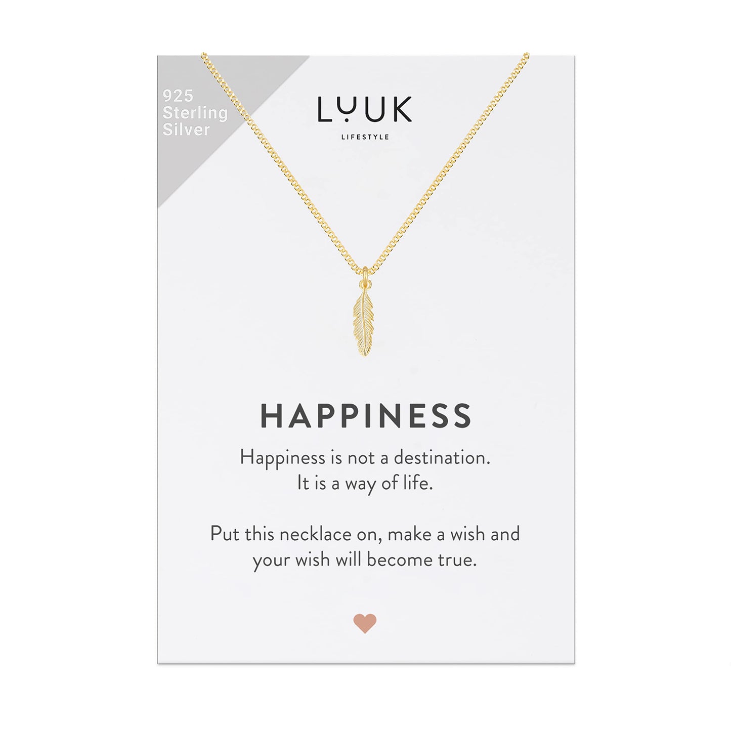 LUUK LIFESTYLE Necklace with feather pendant, 925 sterling silver chain and pendant, modern and minimalist fashion accessory, layer look, trendy boho style, jewelry gift idea for her, gold