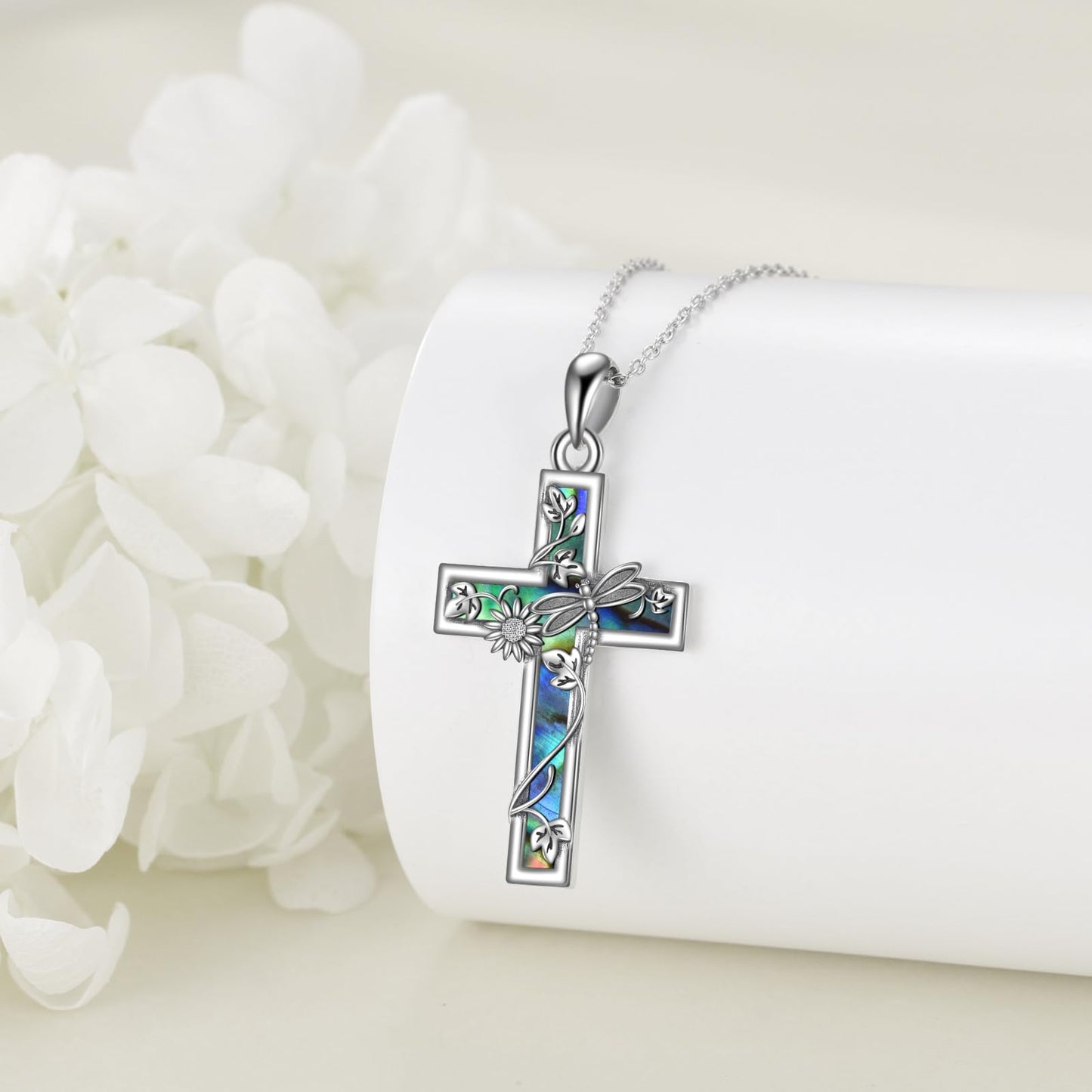 YFN Sunflower Cross Necklace Sterling Silver Dragonfly Cross Pendant Abalone Shell Jewelry Religious Christian Baptism Gifts for Her Women
