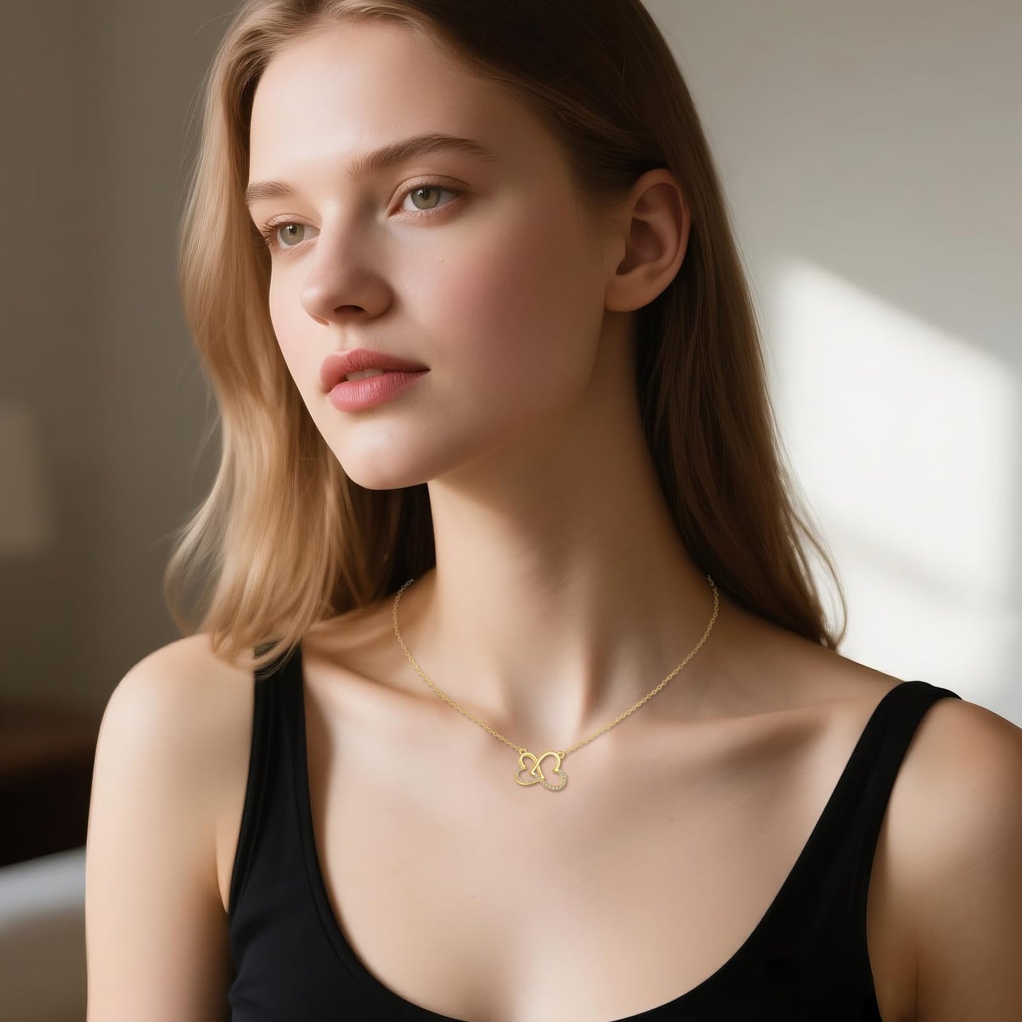 DOVRAN 14K Solid Gold Double Heart Necklace Heart Pendant Jewelry Gifts for Men Women