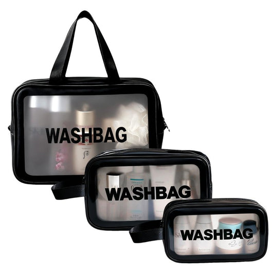 BIRDDIE Clear Travel Bags for Toiletries, 3 Pack Toiletry Bag, Matte Translucent Makeup Bag with Handy Handle, Travel Pouch, Cosmetic Organizer for Travel Essentials (Black)
