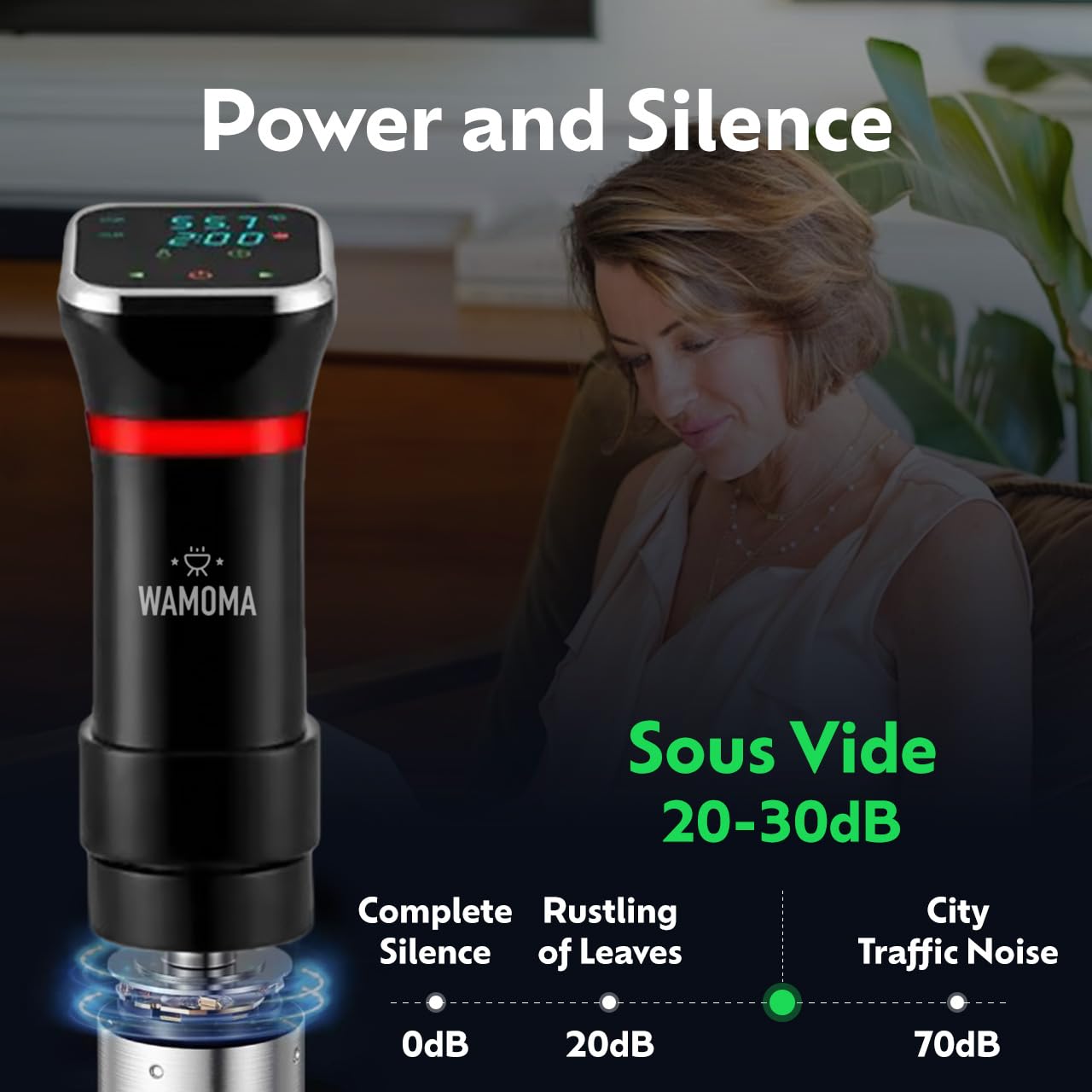 Wamoma Sous Vide - Precision Cooker with Immersion Circulator & Free Cookbook, 1100W Ultra-Quiet Motor, IPX7 Waterproof, Smart Chip Technology, Perfectly Cooked Meals, Universal Clip Design