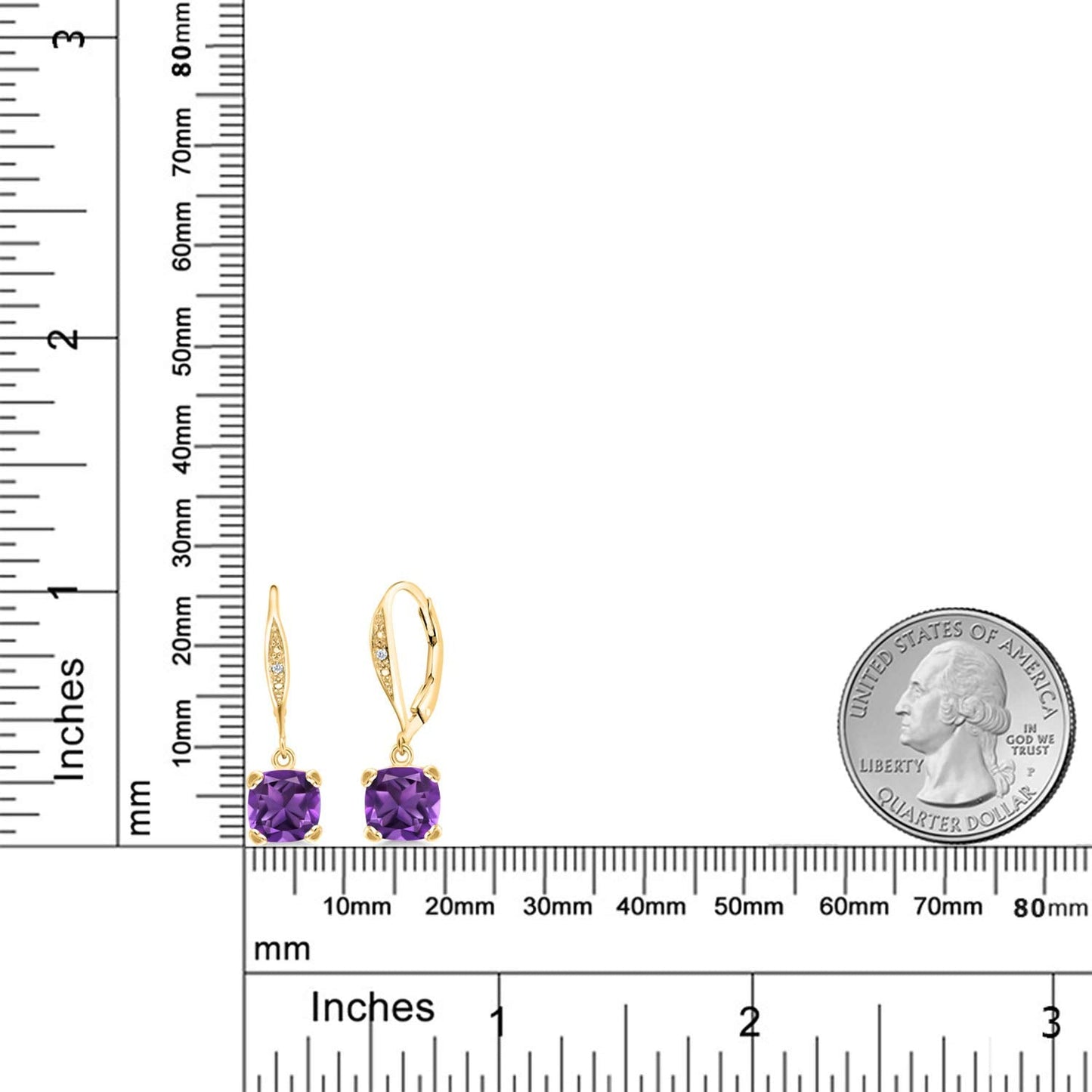 Gem Stone King Drop Dangle Earrings For Women | 7MM Cushion Cut Gemstone Birthstone and Diamond | 925 Sterling Silver | Jewelry Gift for Mom Wife Her | Amethyst-February | Yellow Gold
