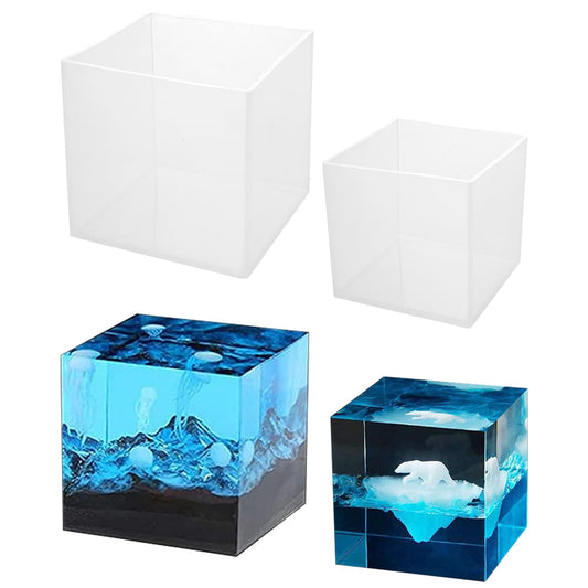 ABuff 2 Pack Square Resin Molds Cube Silicone Casting Molds, 2 Sizes Epoxy Resin Molds Transparent Square Silicone Molds for Resin Casting, 4 Inch and 3Inch