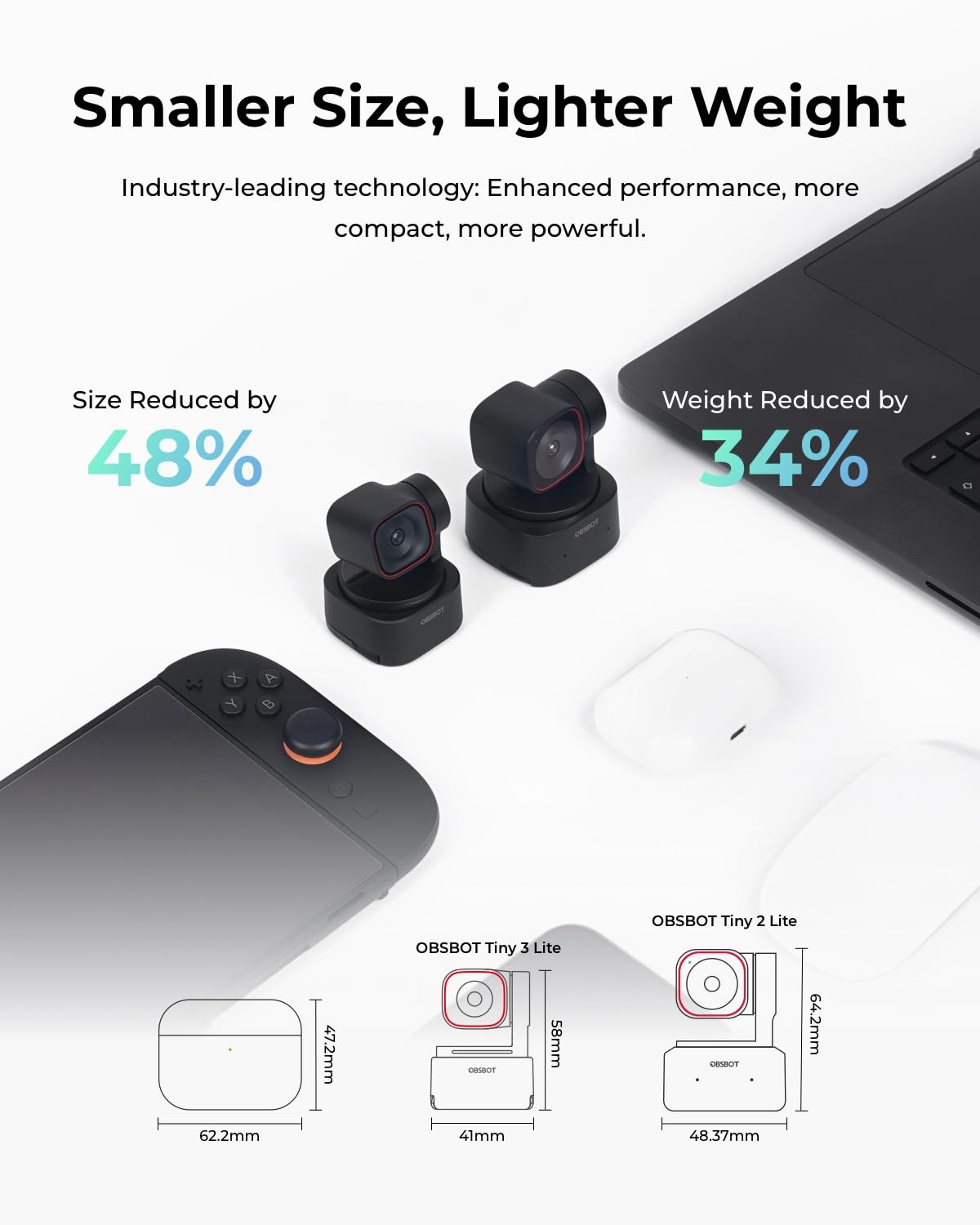 OBSBOT Tiny 3 Lite AI-Powered Spatial Audio 4K Webcam - Compact AI Tracking PTZ Camera with 1/2" Sensor, Tri-Mic, Voice Control, 120FPS, HDR, Webcam for PC, Mac, Laptop, Streaming, Meeting, Switch 2