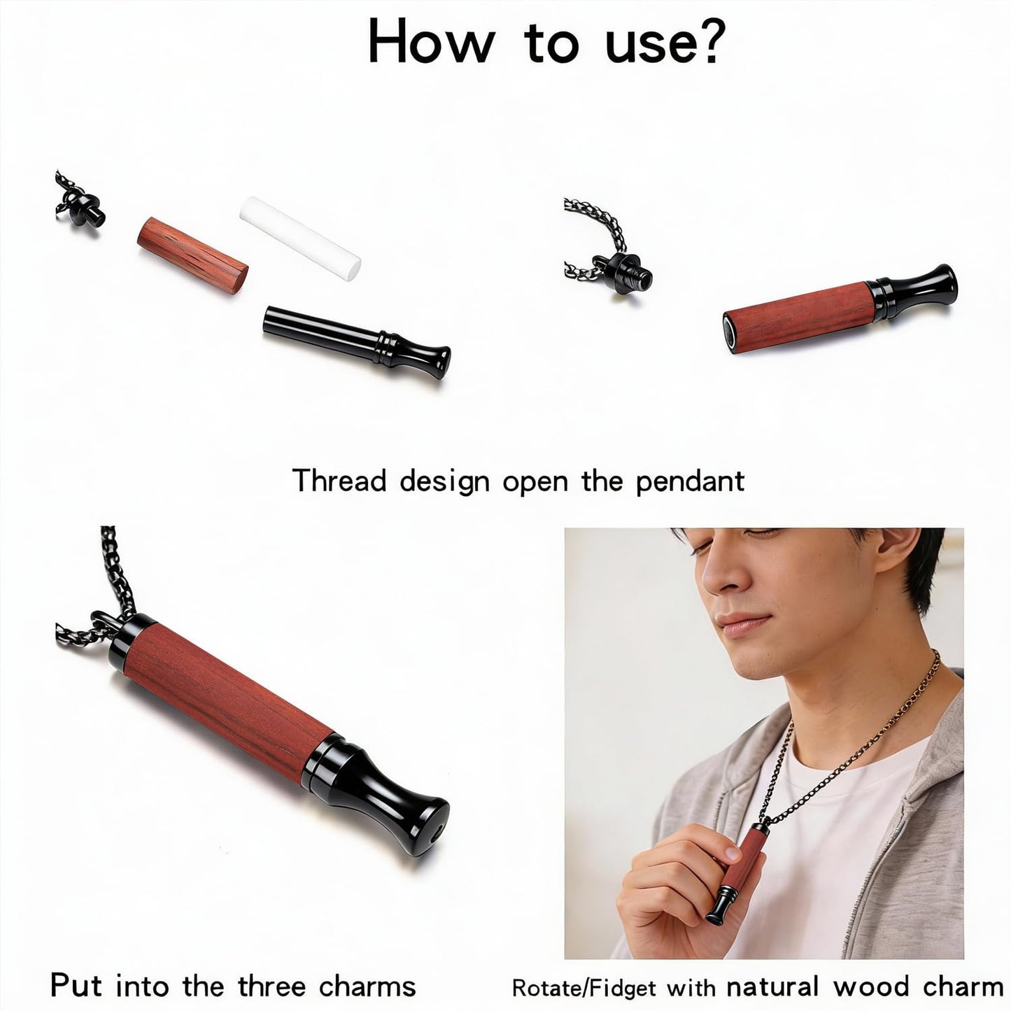 BOLAGTIER Mindful Breathing Necklace: Natural Wood Fidget Charm for Anxiety Relief & Quit Smoking Aid, Stainless Steel Sensory Pendant to Calm Your Mind (Black)