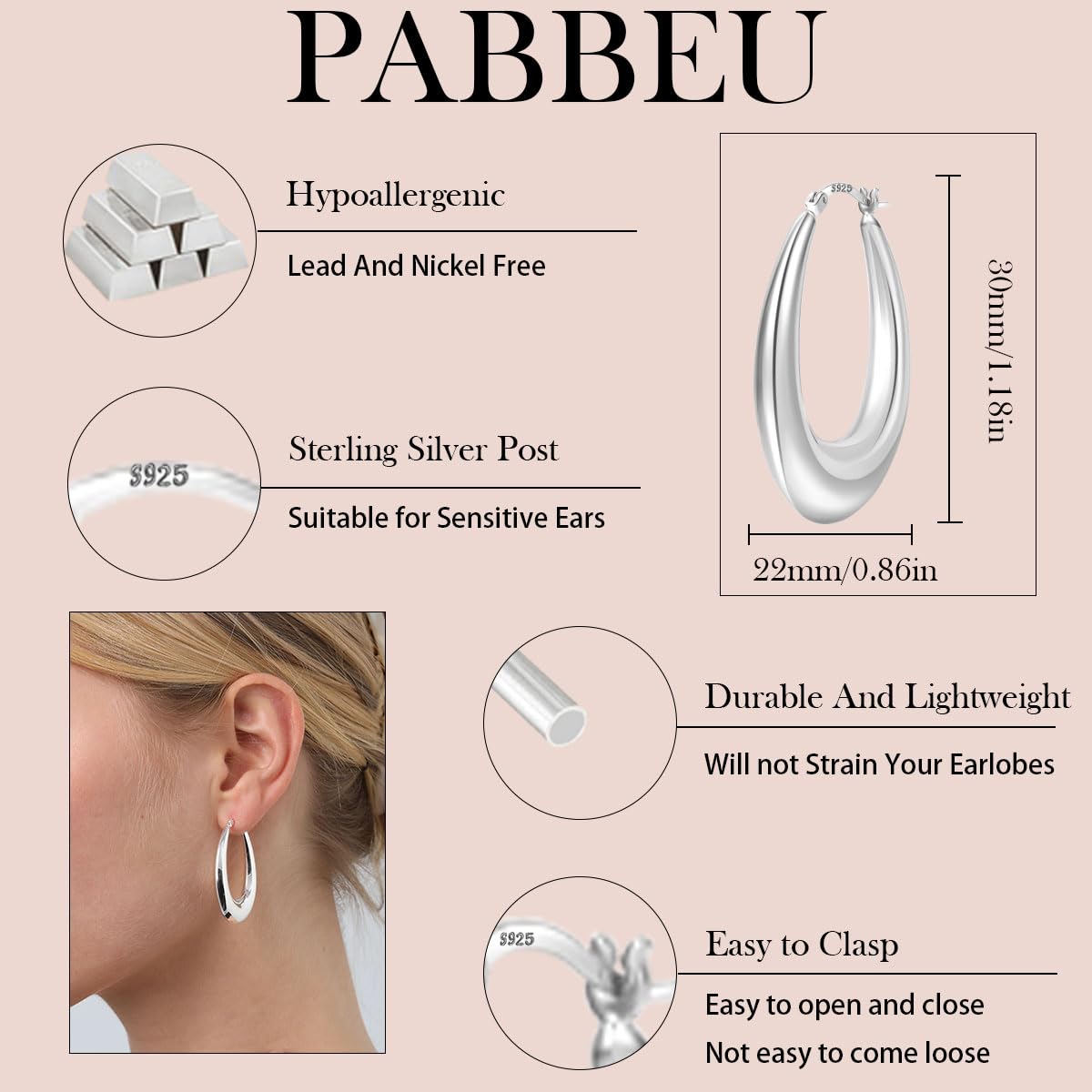 PABBEU Chunky Silver Hoops Earrings for Women, Hypoallergenic Lightweight 925 Sterling Silver Oval Hoop Earring, Sterling Silver Thick Hoop Earrings for Women (30mm)