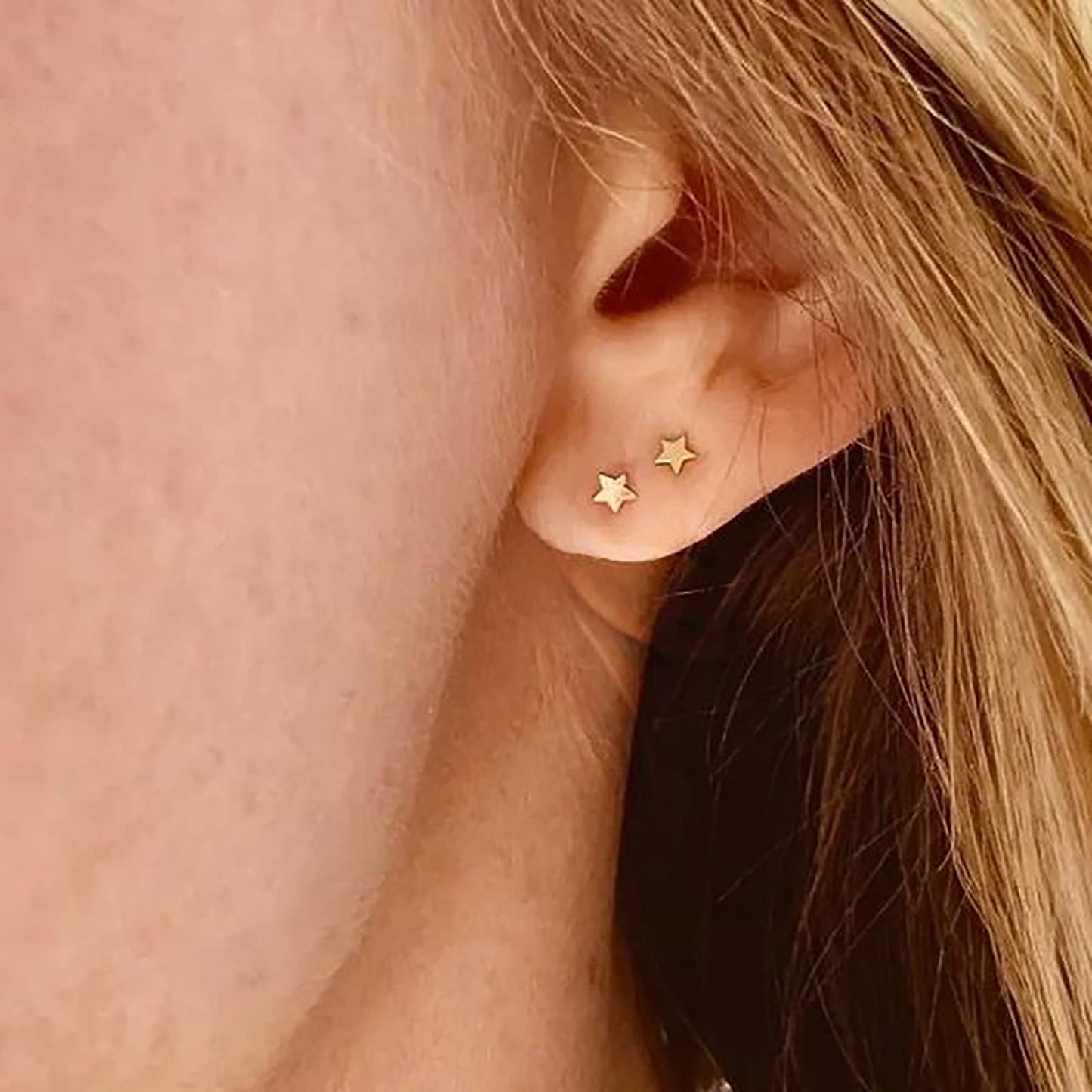 Sterling Silver Stud Earrings for Women Men- 4 Pairs of Hypoallergenic Simple Geometric Small Stud Earring Set Tiny Triangle Square Heart Star Stud Earrings Mini Cartilage Tragus Earrings, Gold