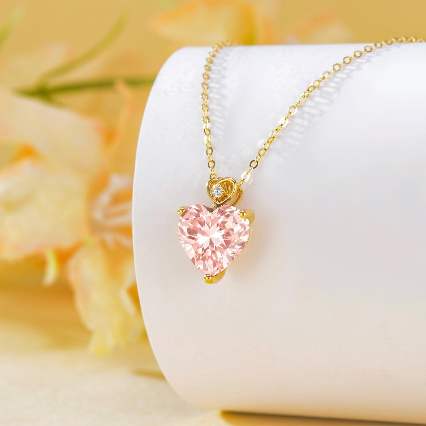 NFYBD 14k Gold Love Heart Morganite Birthstone Pendant Necklace for Women 3 Carat Heart-cut Created Gemstone Anniversary Birthday Mother's Day Necklaces for Her 16+1+1 inch