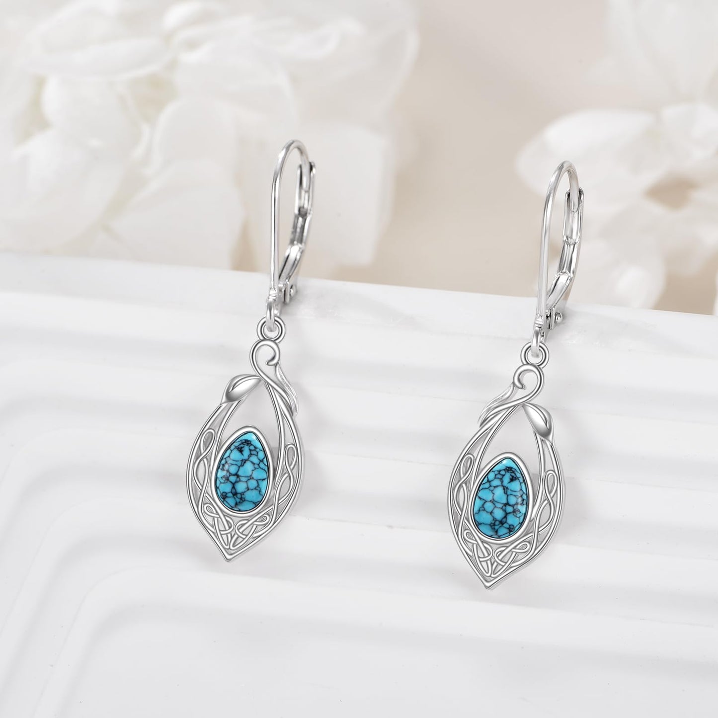 925 Sterling Silver Turquoise Earrings for Women Dangle Filigree Teardrop Leverback Earrings Birthday Mothers Day Jewelry for Mom (Turquoise)