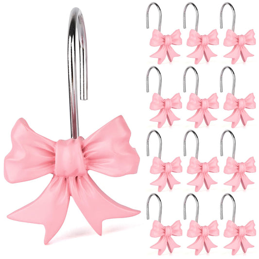 12pcs Bow Knot Shower Curtain Hooks,Home Decorative Shower Curtain Rings for Bathroom,Resin Shower Curtain Hangers Bathroom Accessories (Pink)
