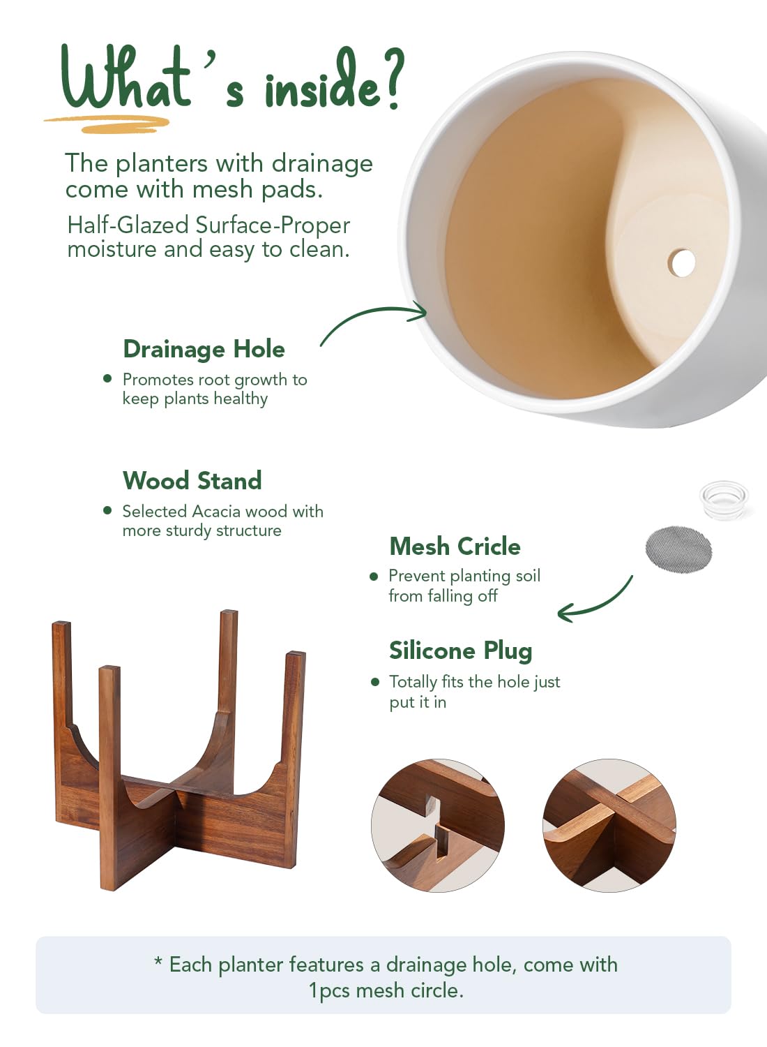 LE TAUCI 10 Inch Plant Pot with Acacia Wood Stand, Ceramic Planters for Indoor Plants, Unique Plant Pots Indoor for Home Decor, Mid-Century Modern Pots for Plants with Drainage Hole and Plug, White