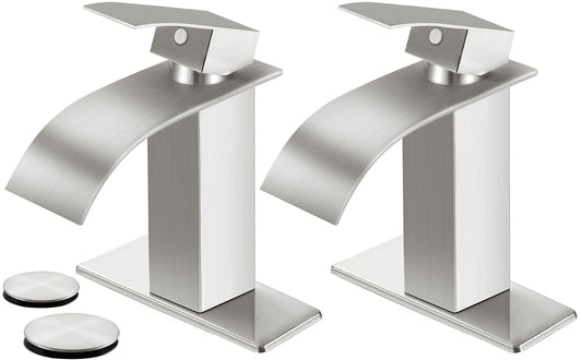 RNDIOZD Brushed Nickel Bathroom Faucets *2, Waterfall Bathroom Sink Faucet Modern Single Handle Bathroom Faucte 1 or 3 Hole, RV Mixer Tap Vanity Faucet - Includes Pop-up Drain