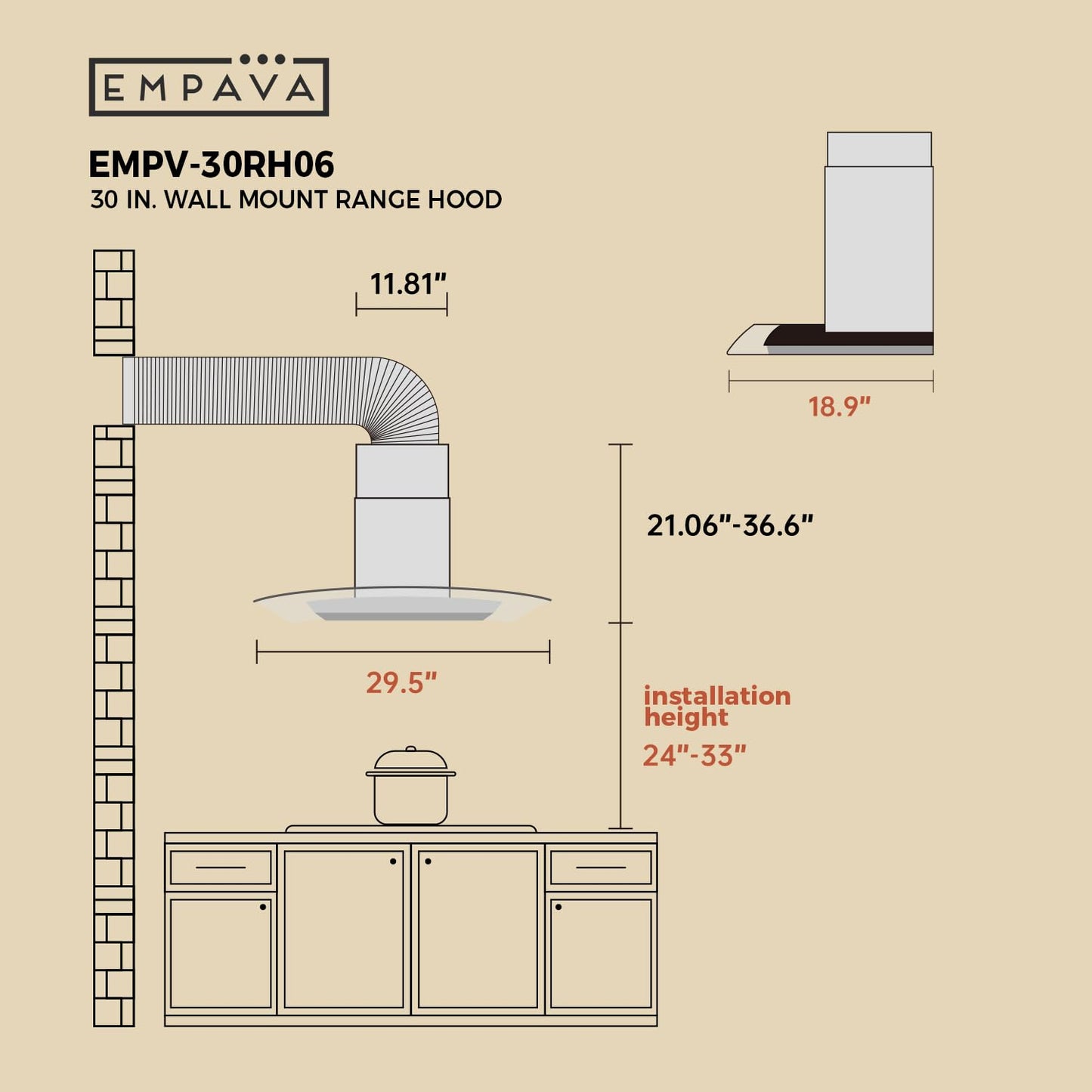 Empava Wall Mount Range Hood 30 Inch, Ducted/Ductless Kitchen Exhaust Stove Vent with Modern Style, 400CFM, 3-Speed, Touch Control, Timer, LED Lights, Stainless Steel (Charcoal-Filter Sold Separately)