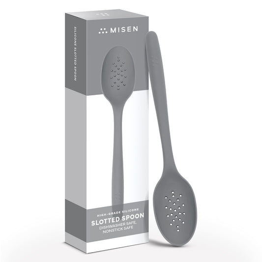 Misen Silicone Slotted Spoon - Dishwasher Safe, Professional-Grade Perforated Spoon - Comfortable Grip, Nonstick Safe, Heat Safe - Perfect for Stirring & Serving - Gray