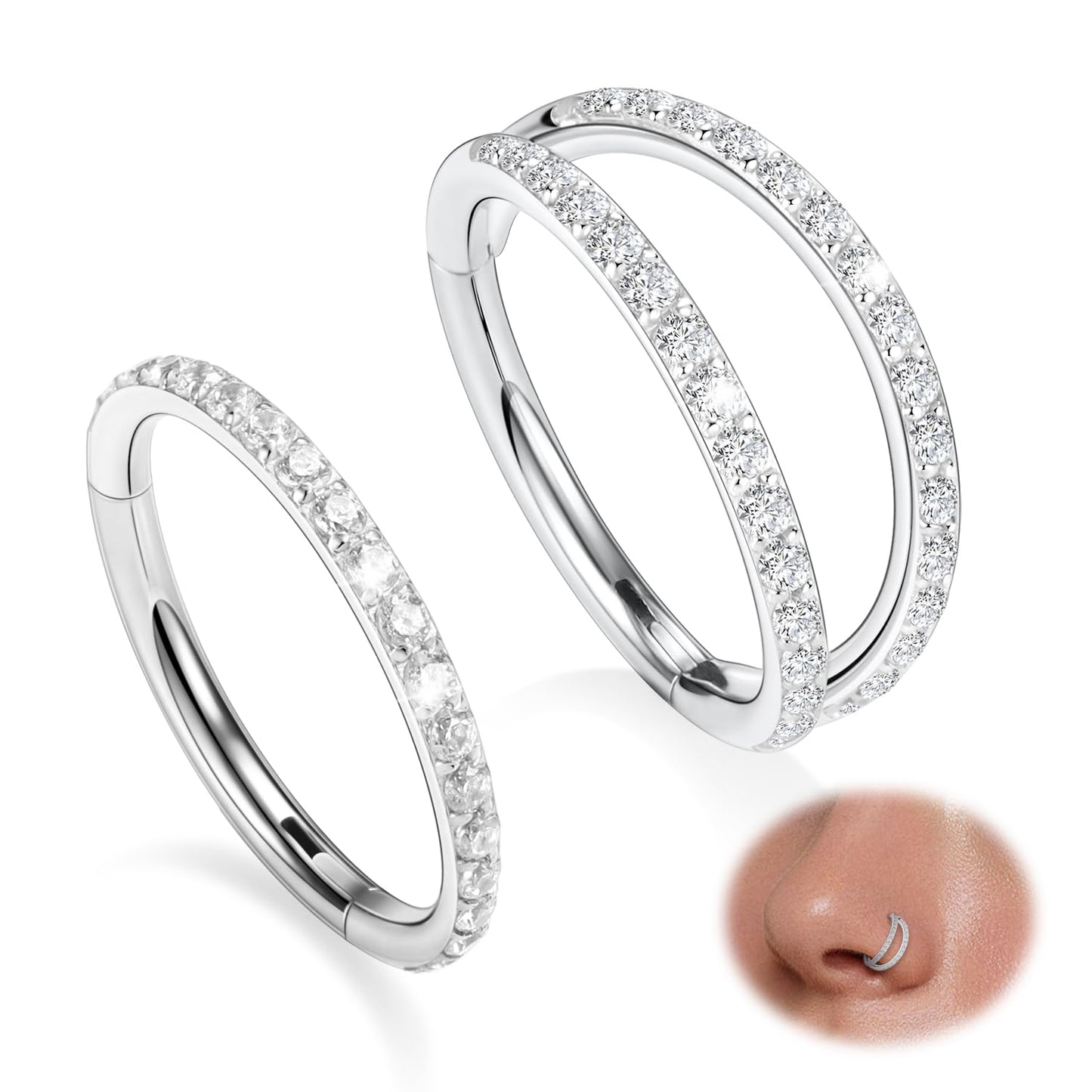 Conch Piercing Jewelry Silver Hoop Earrings 16g Nose Hoop with CZ Double Hoop 12mm Septum Jewelry Surgical Steel Septum Ring Septum Clicker Lip Rings Helix Earring Conch Piercing Cartilage Earring