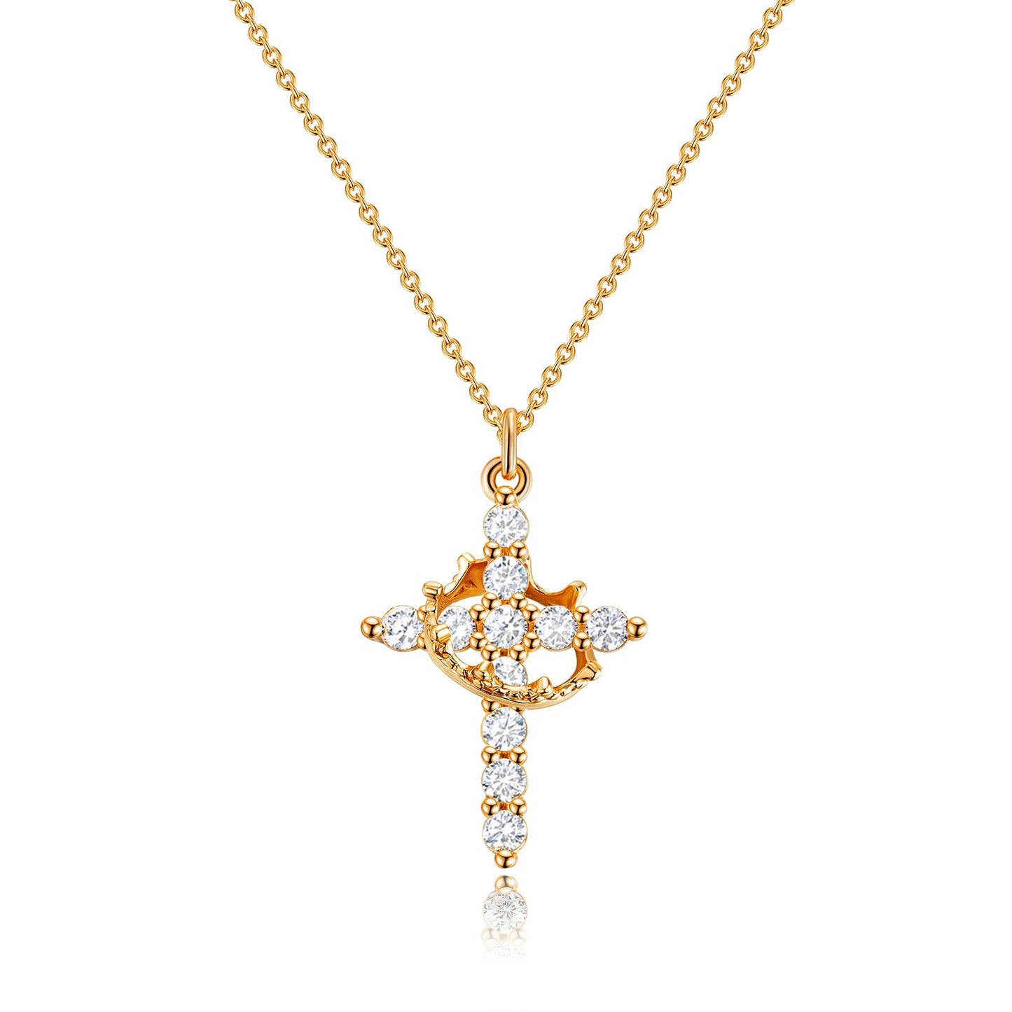 Robaice Gold Cross Necklace for Women, 14K Gold Plated Crown Cross Pendant Necklace Cross Necklaces Faith Jewelry First Communion Necklace, Gold