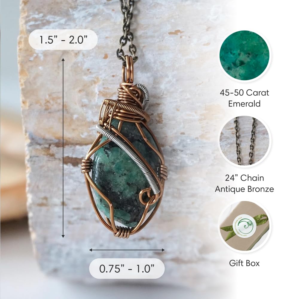 Designs by Nature Gems Emerald Necklace For Women, Raw Crystal Pendant Jewelry, Unique Birthstone Necklaces For Women, Bronze Jewelry Birthday Gifts For Women, Mothers Day Gifts, New Mom Gifts