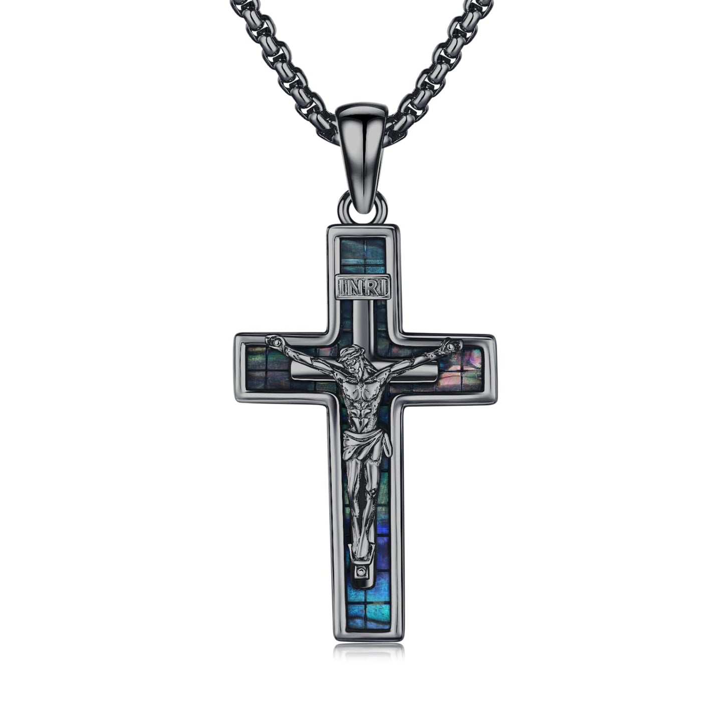 YEESIA Cross Necklace for Women Men 925 Sterling Silver Black Jesus Crucifix Pendant Necklace with Abalone Cross Jewelry Gift for Women Men