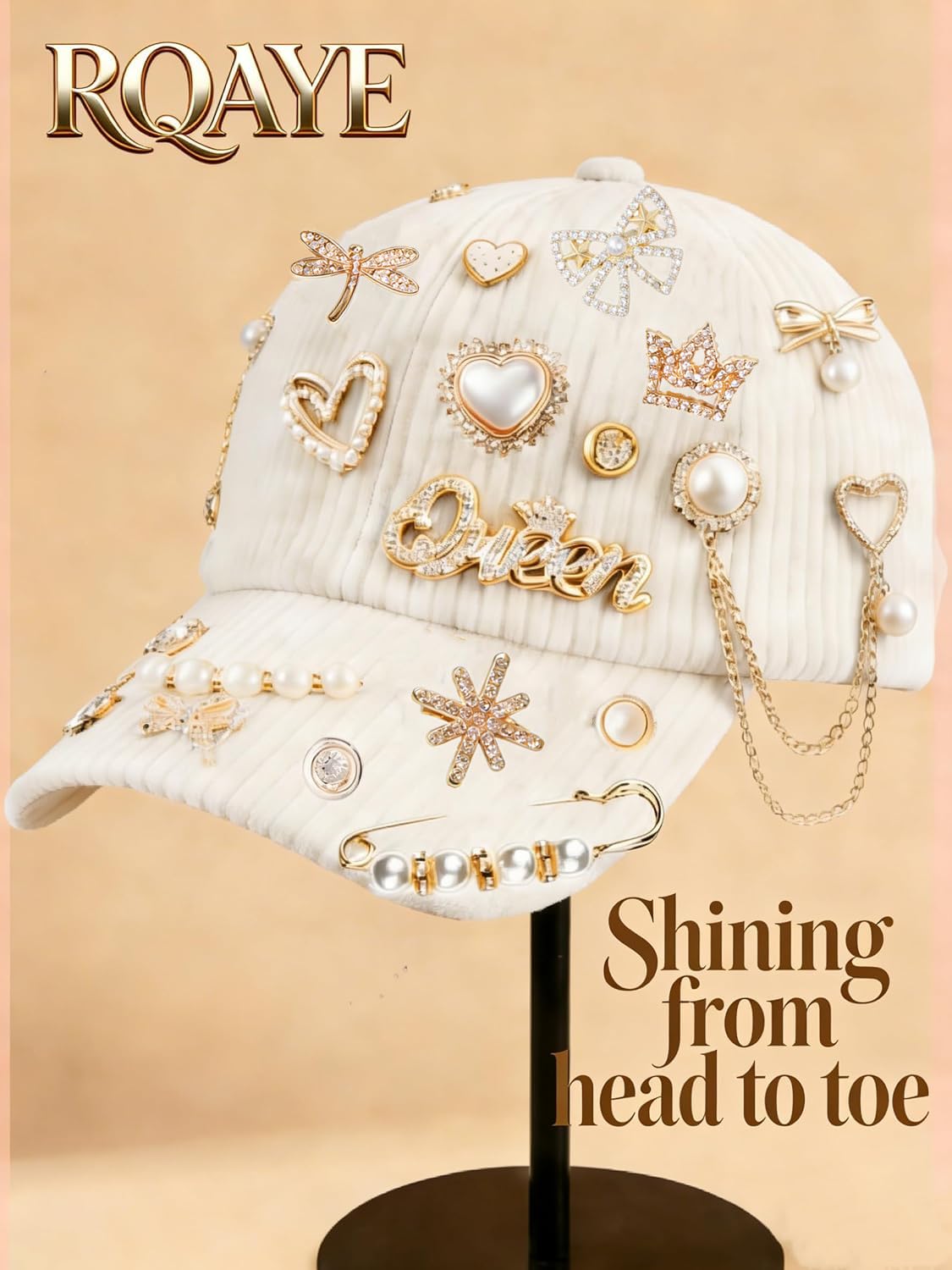 RQAYE 80pcs Junk Socks Charms Kit, Gold Brooches and Pins for Women,Pearl and Rhinestone Shoe Charms with Safety Pins for Hat Clothes Bags
